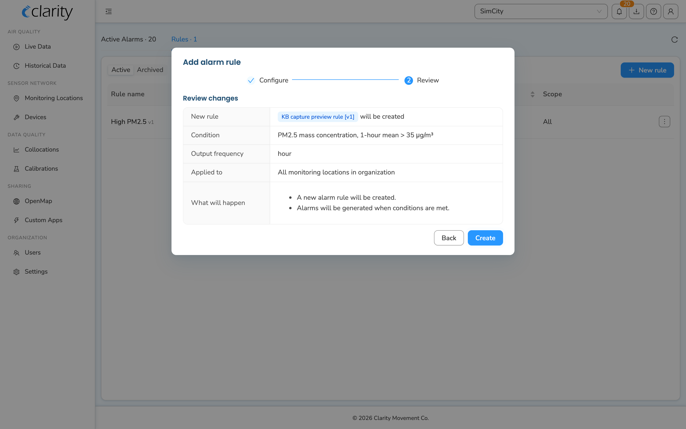 Add alarm rule dialog on the Review step summarizing the new rule, condition, output frequency, and scope before Create