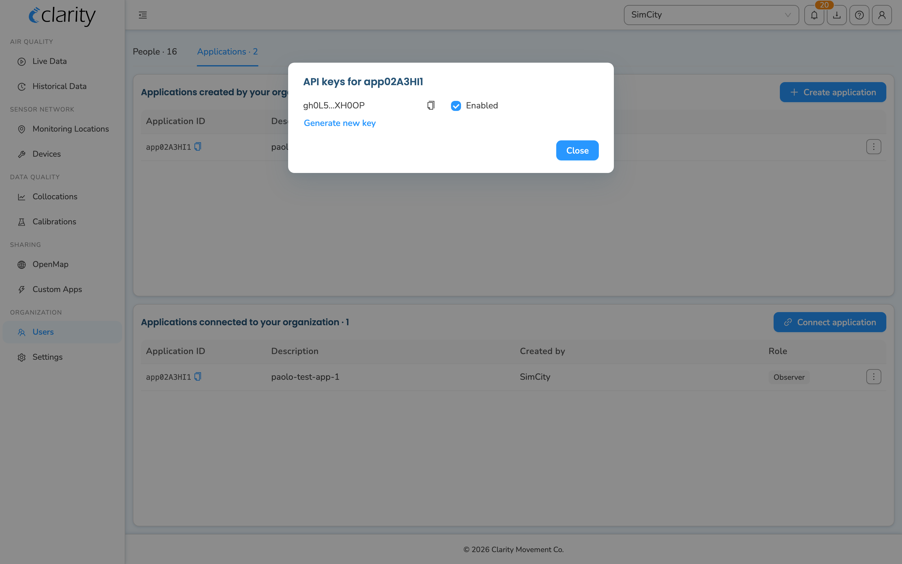 The "API keys for an application" dialog showing a masked key with a copy icon, the Enabled checkbox, and the "Generate new key" link