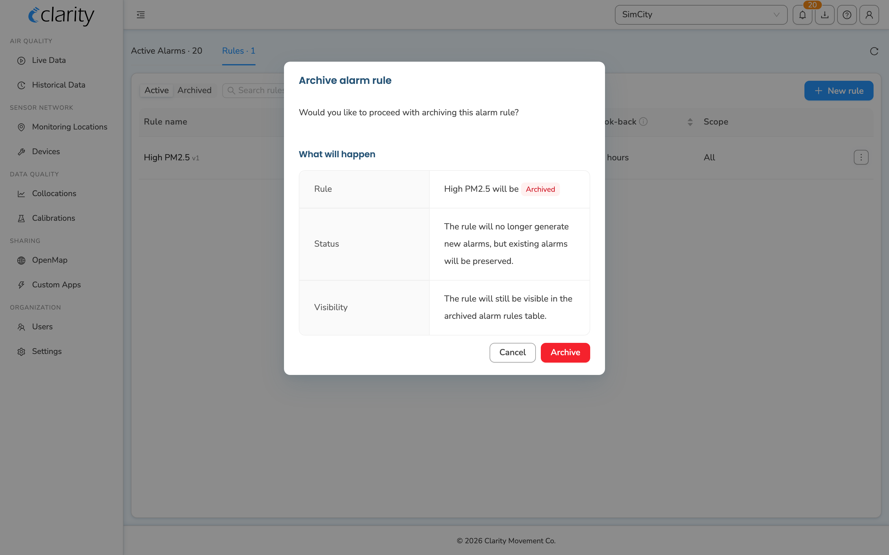 Archive alarm rule confirmation dialog explaining what will happen, with Cancel and a red Archive button