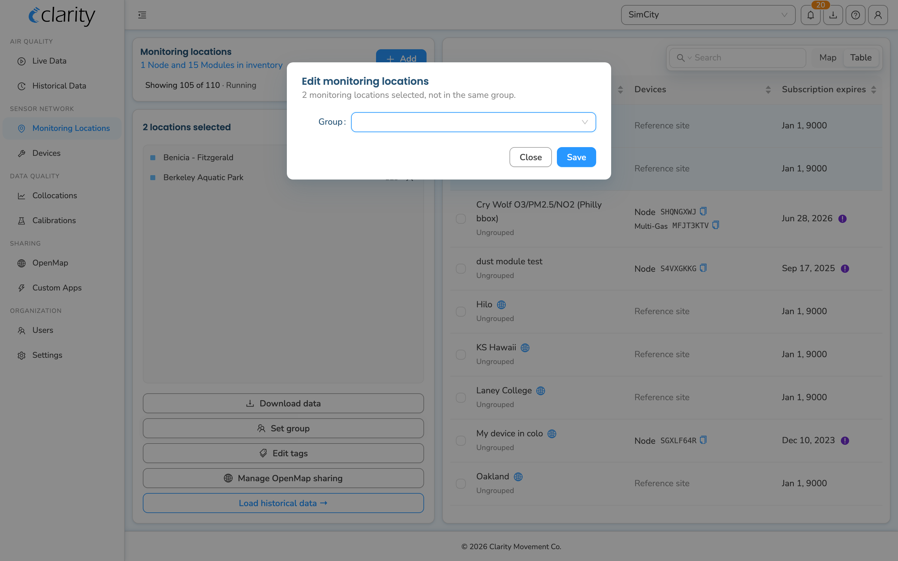 The bulk "Edit monitoring locations" group dialog, with a subtitle noting the selected locations are not in the same group