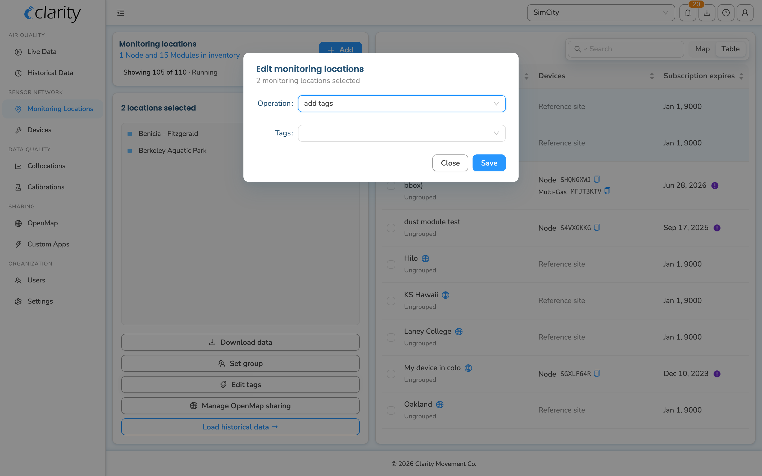 The bulk "Edit monitoring locations" tags dialog with the add tags / remove tags Operation selector