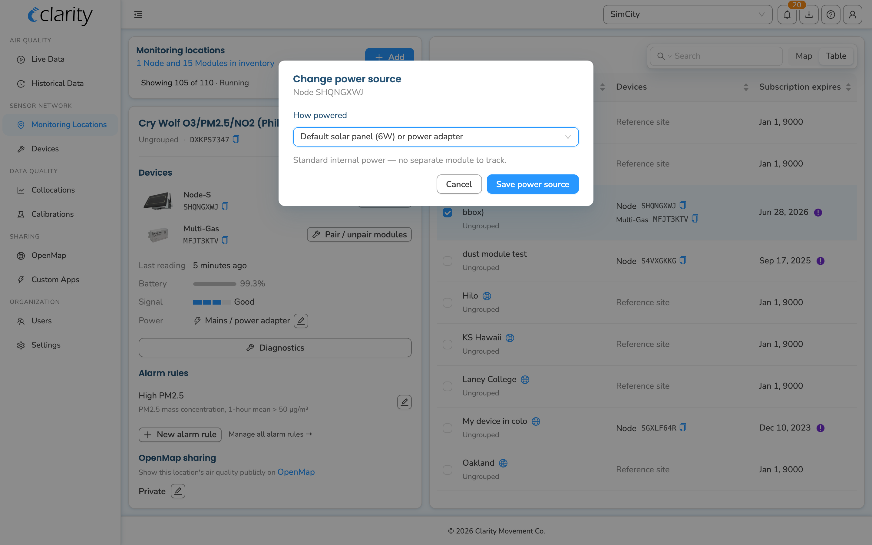 The "Change power source" modal — How-powered select over the location card