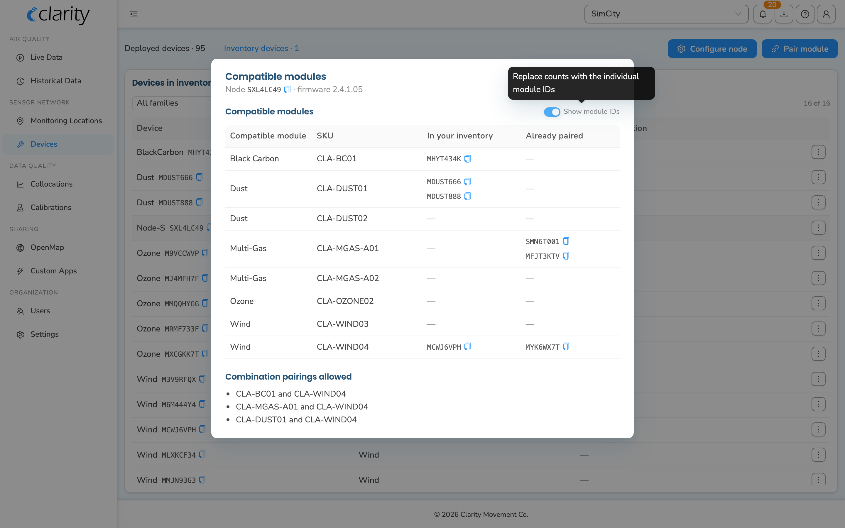 The Compatible modules modal with Show module IDs toggled on