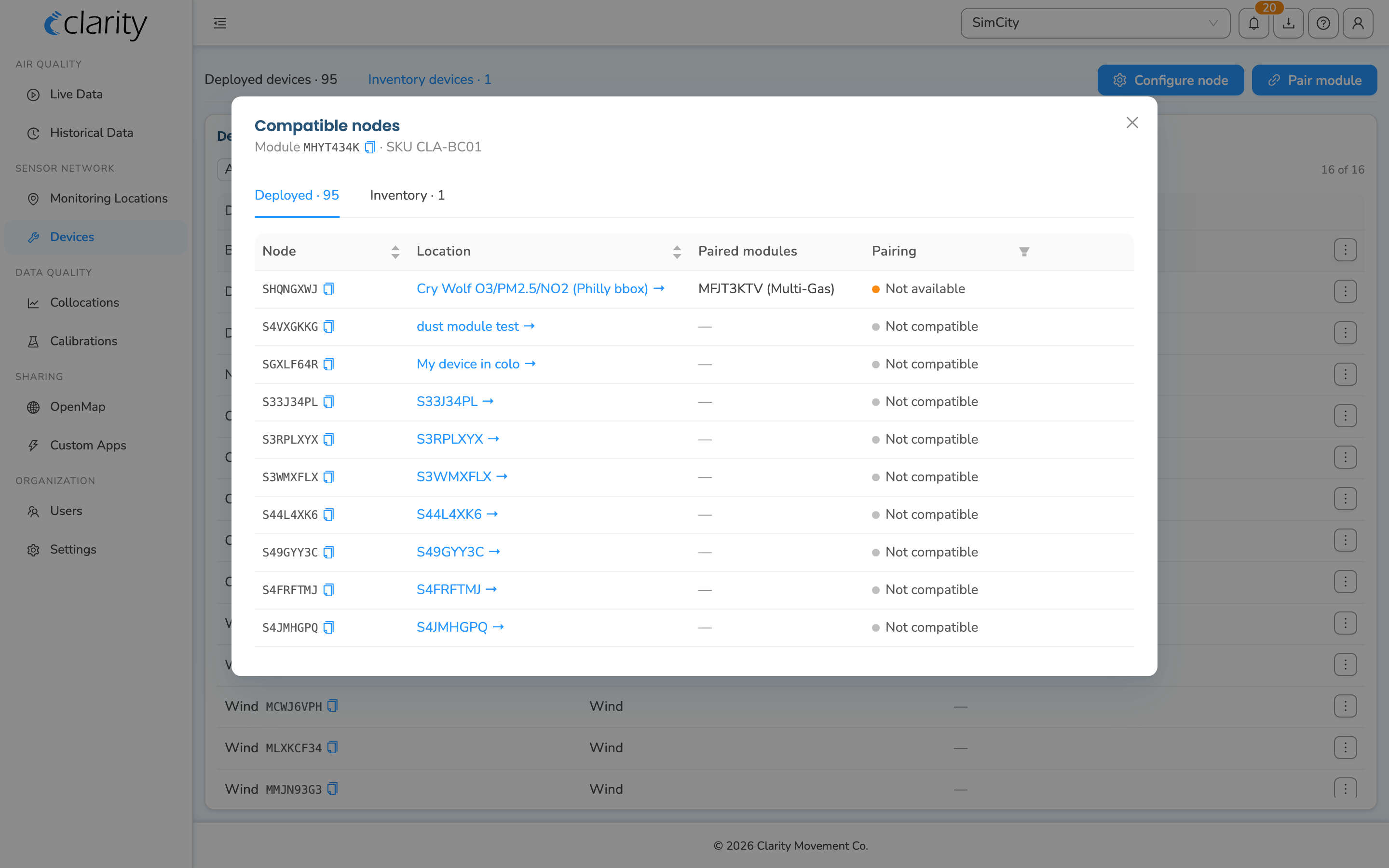 The Compatible nodes modal showing the Deployed/Inventory tabs and the Pairing status column