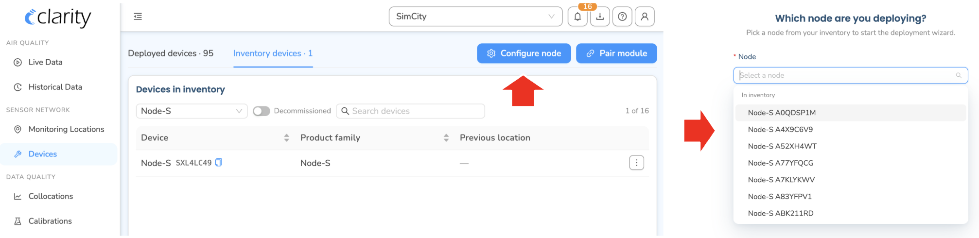 Devices page with Configure node, and the "Which node are you deploying?" node picker showing the In inventory group