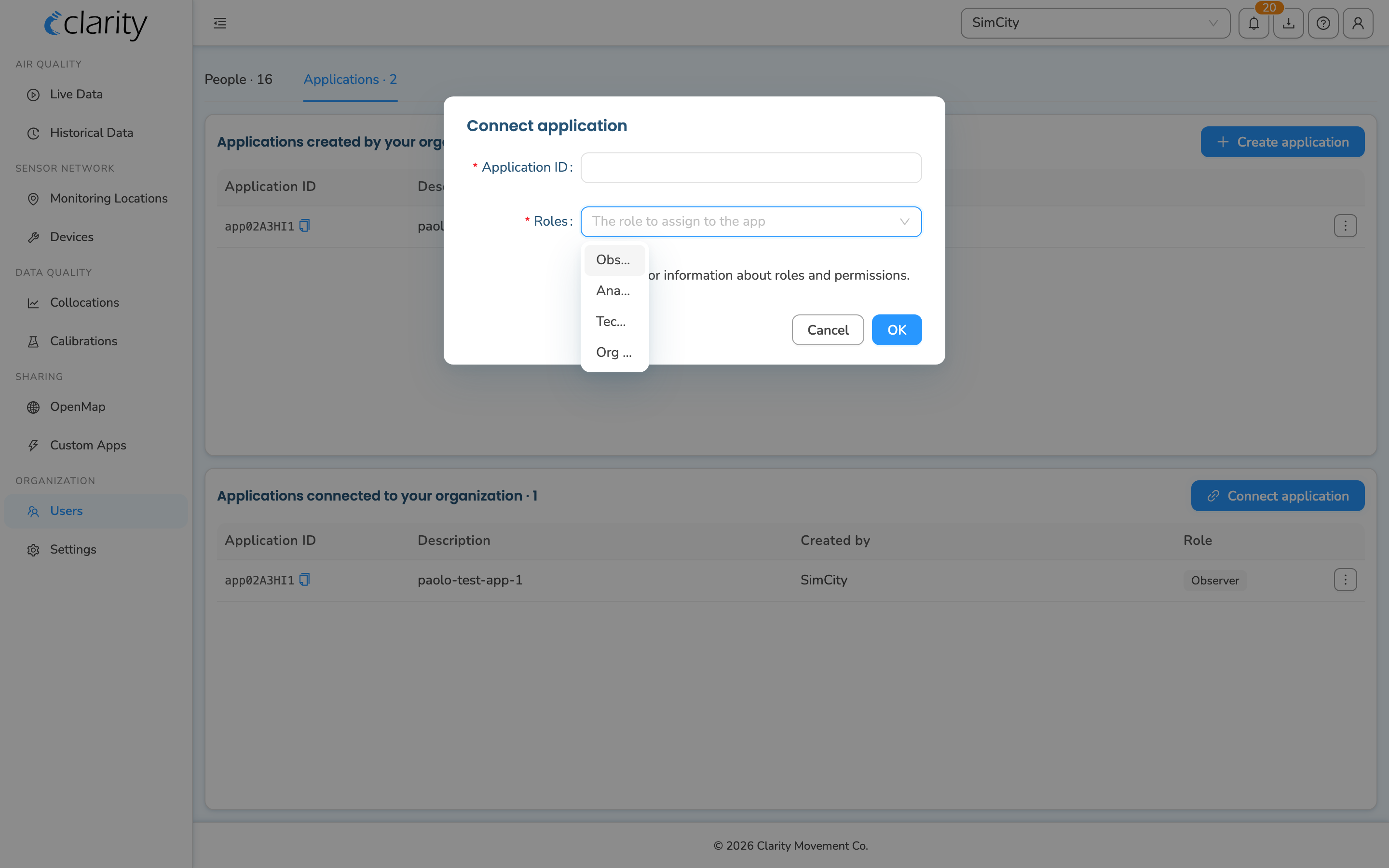 The "Connect application" dialog with the Application ID field and the Roles selector open