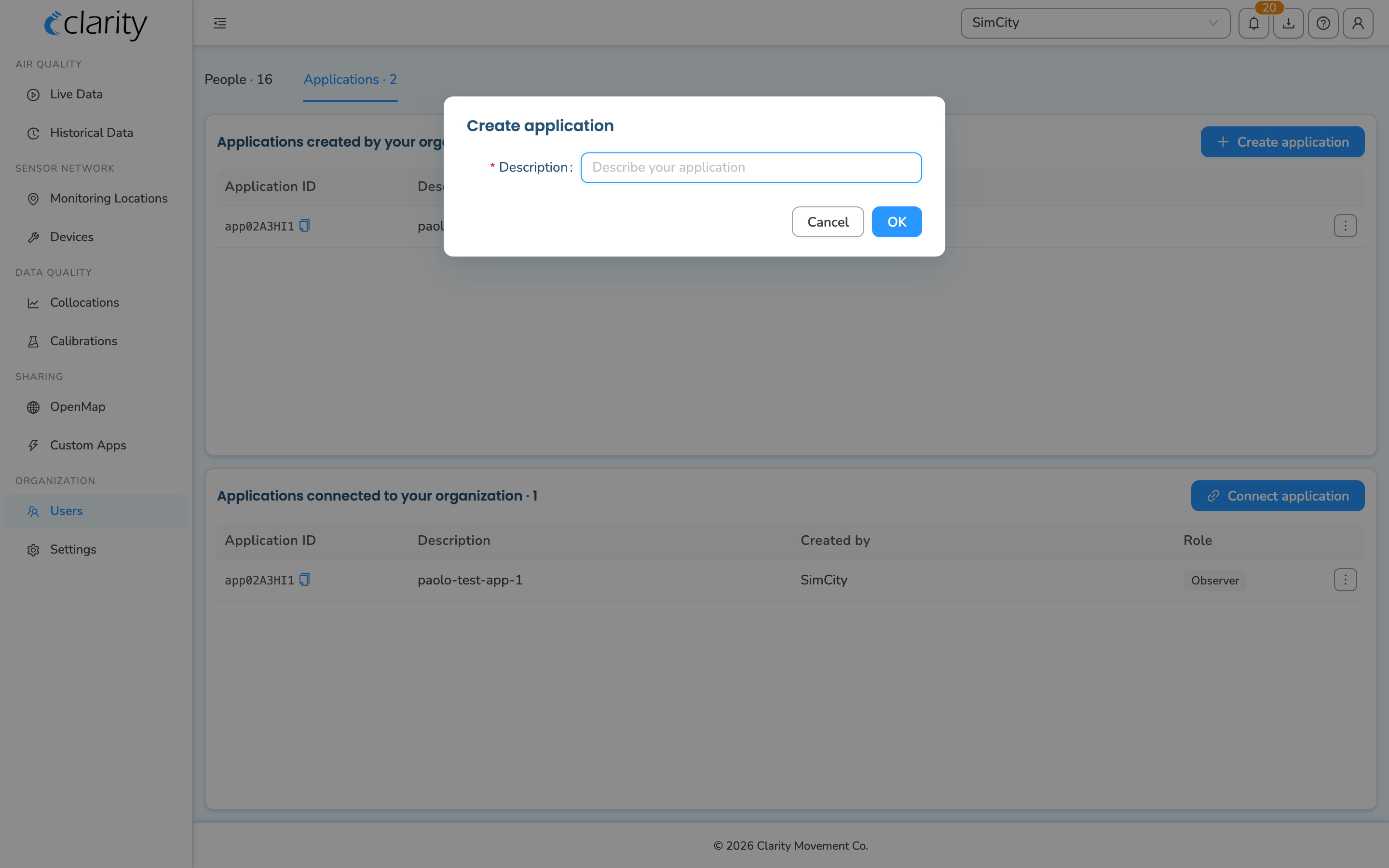 The "Create application" dialog with an empty Description field