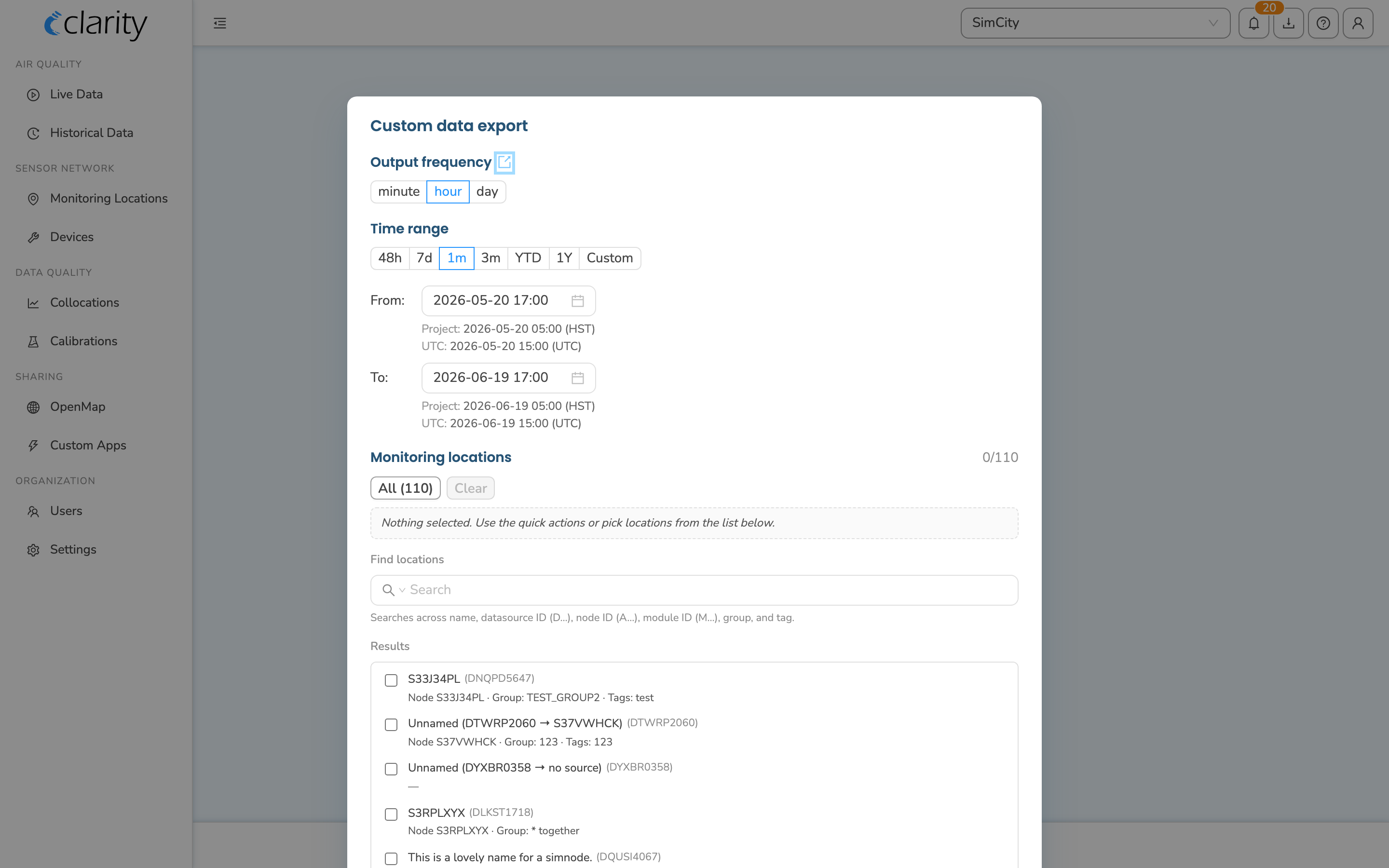 The Custom data export modal — output frequency, time range, and monitoring-location picker