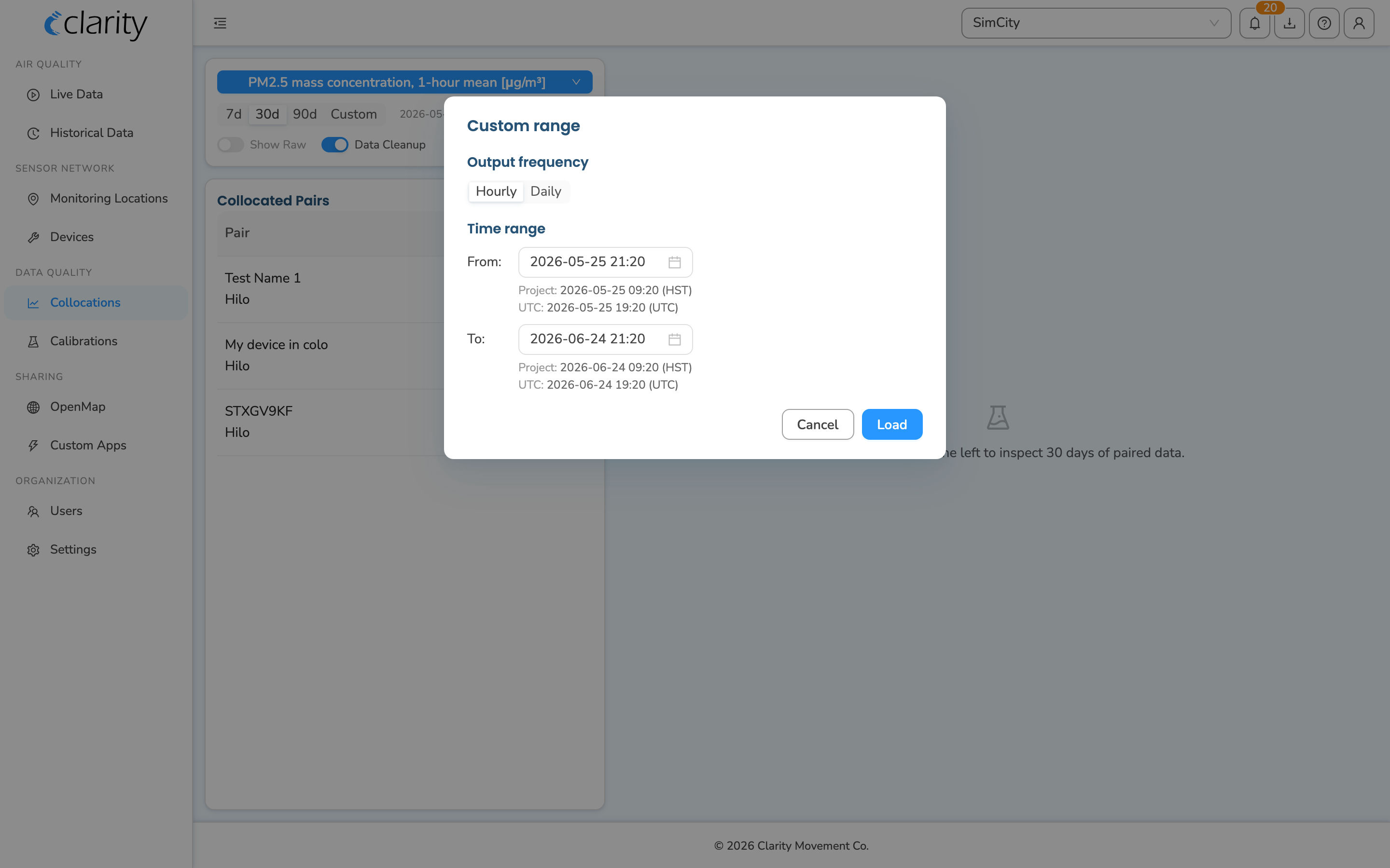 The Custom range dialog with Output frequency (Hourly/Daily), the Time range From/To pickers, and Cancel/Load buttons