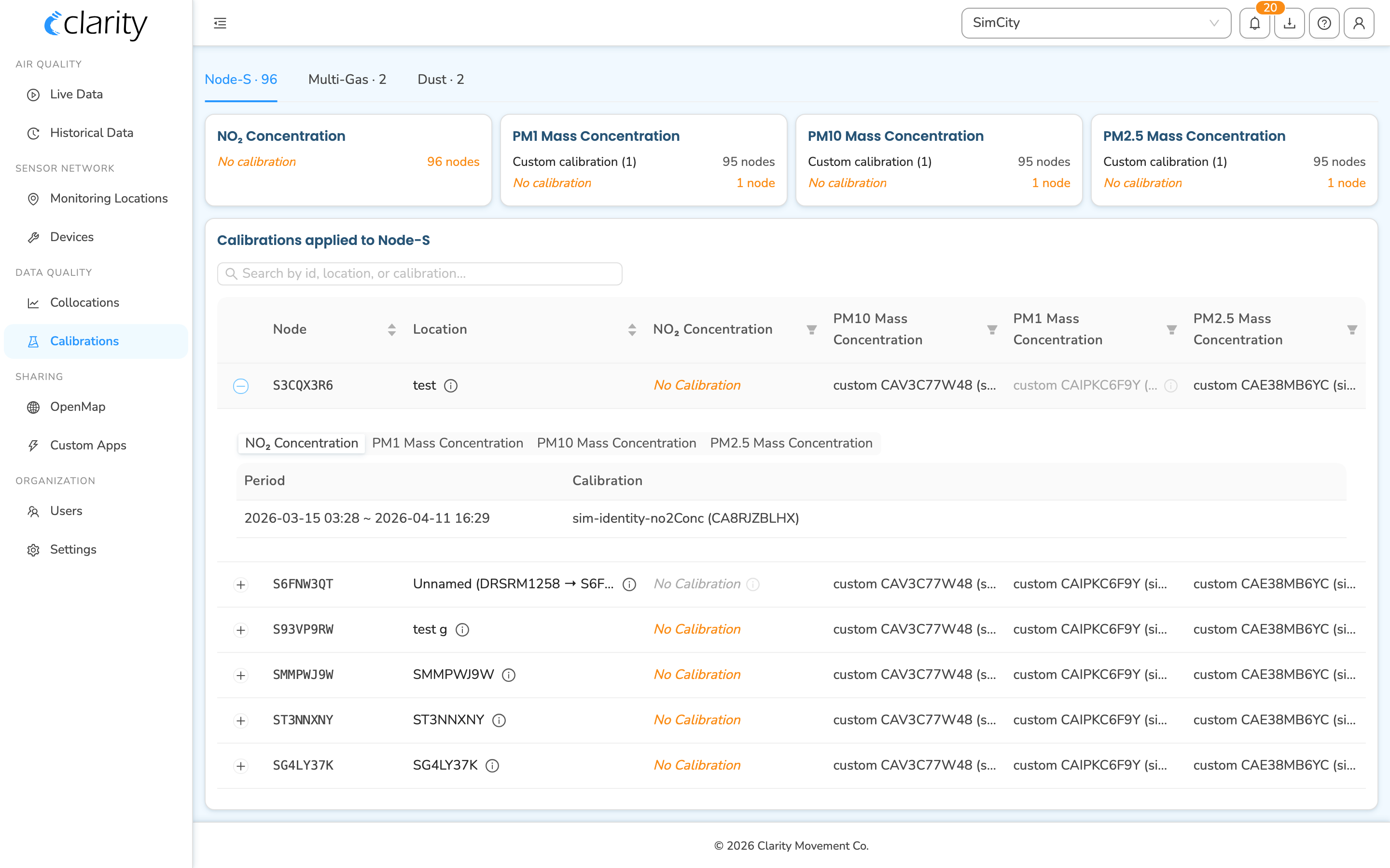 Device row expanded inline showing the segmented parameter picker and a Period / Calibration history row