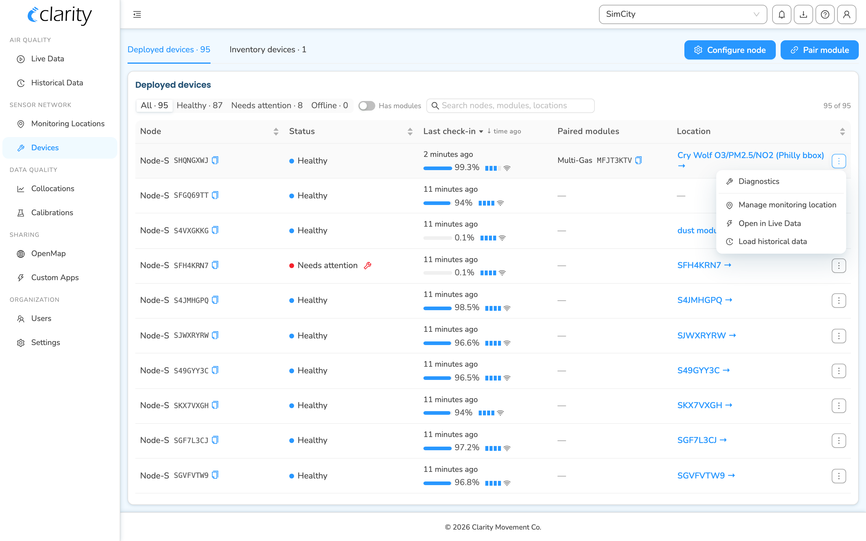 A deployed device row with the ⋮ row-actions menu open — Diagnostics, Manage monitoring location, Open in Live Data, Load historical data
