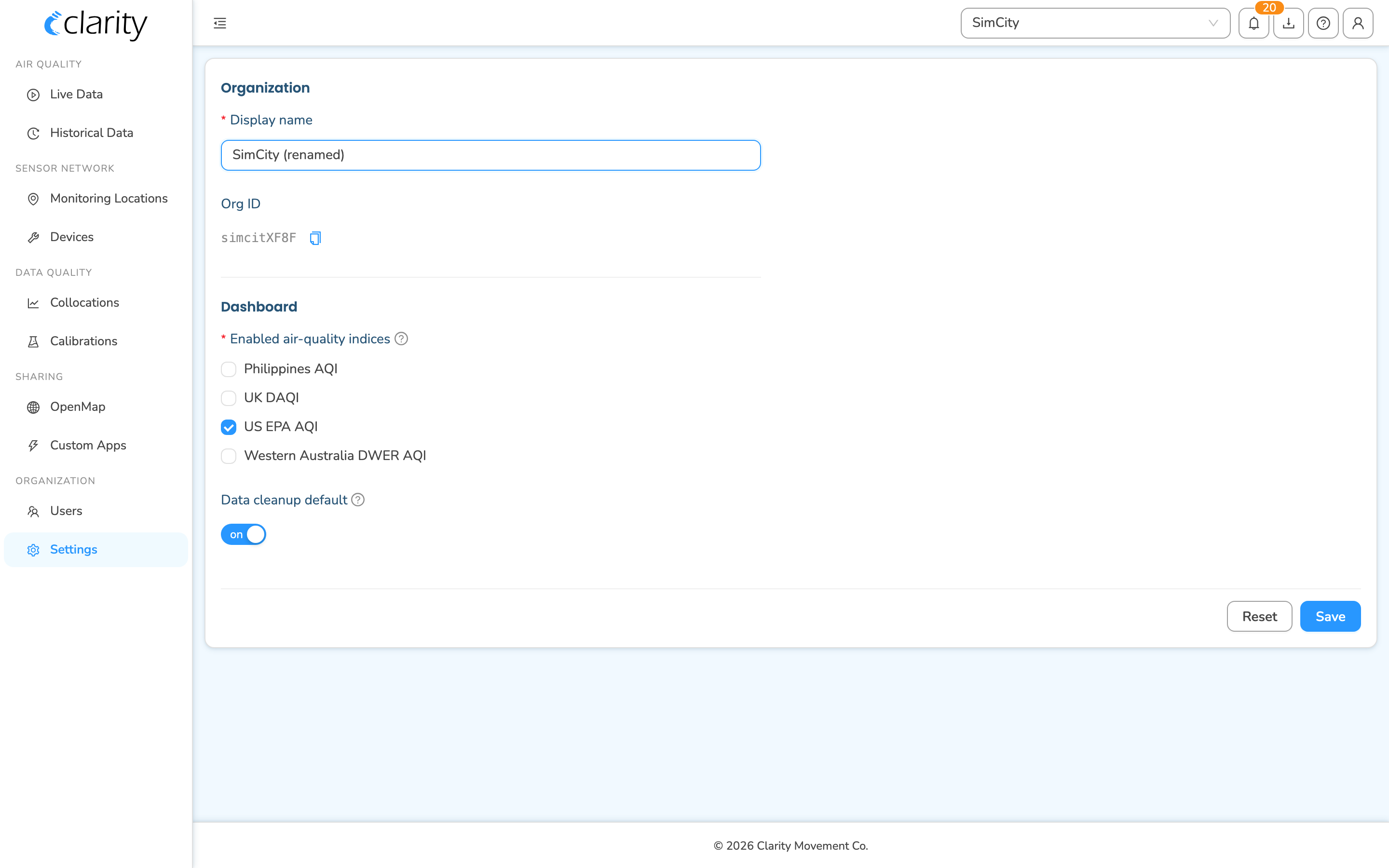 Organization section with the Display name field focused and a new name typed in, Save button now enabled
