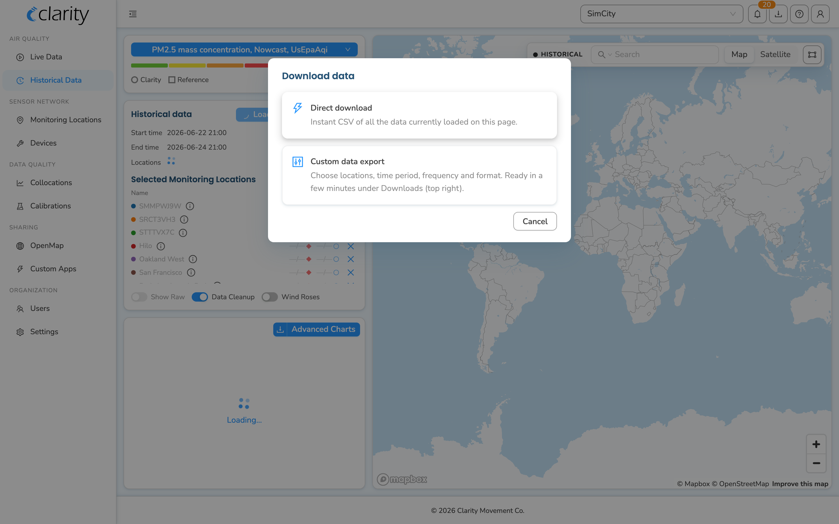 Historical Data download chooser with Direct download and Custom data export cards