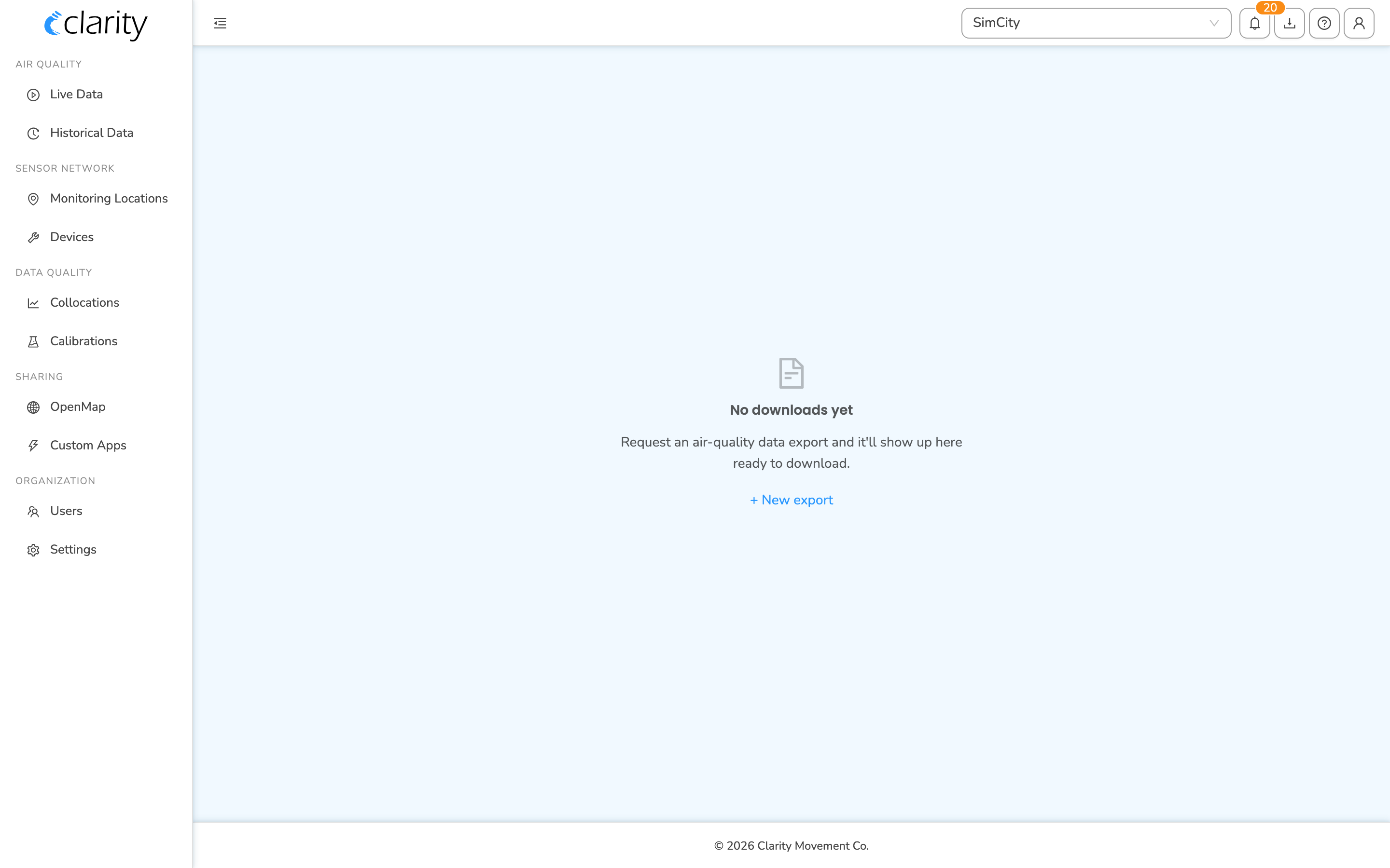 The Downloads page with its empty state and the + New export entry point