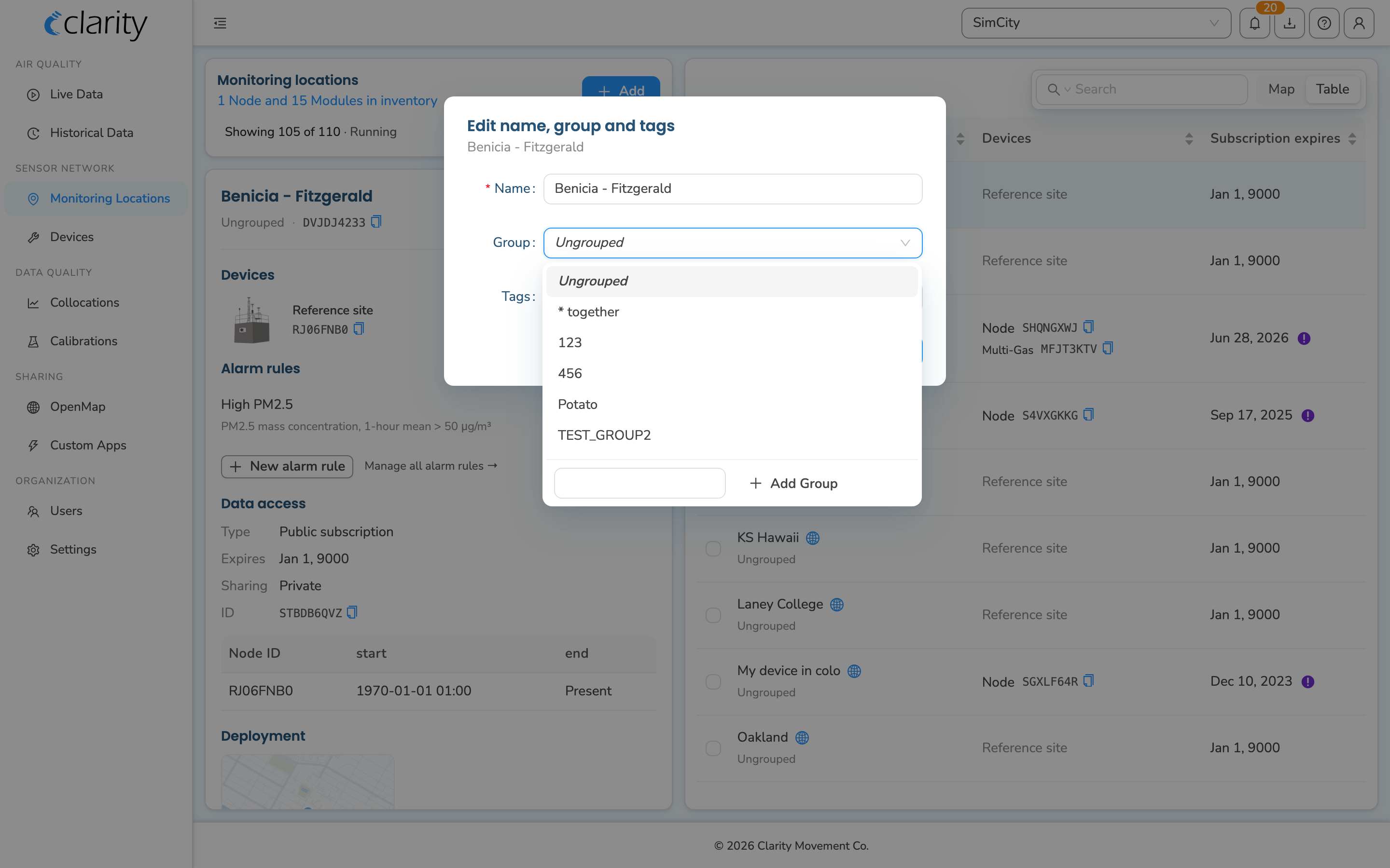 The Group dropdown open, showing existing groups and the inline "Add Group" input at the bottom