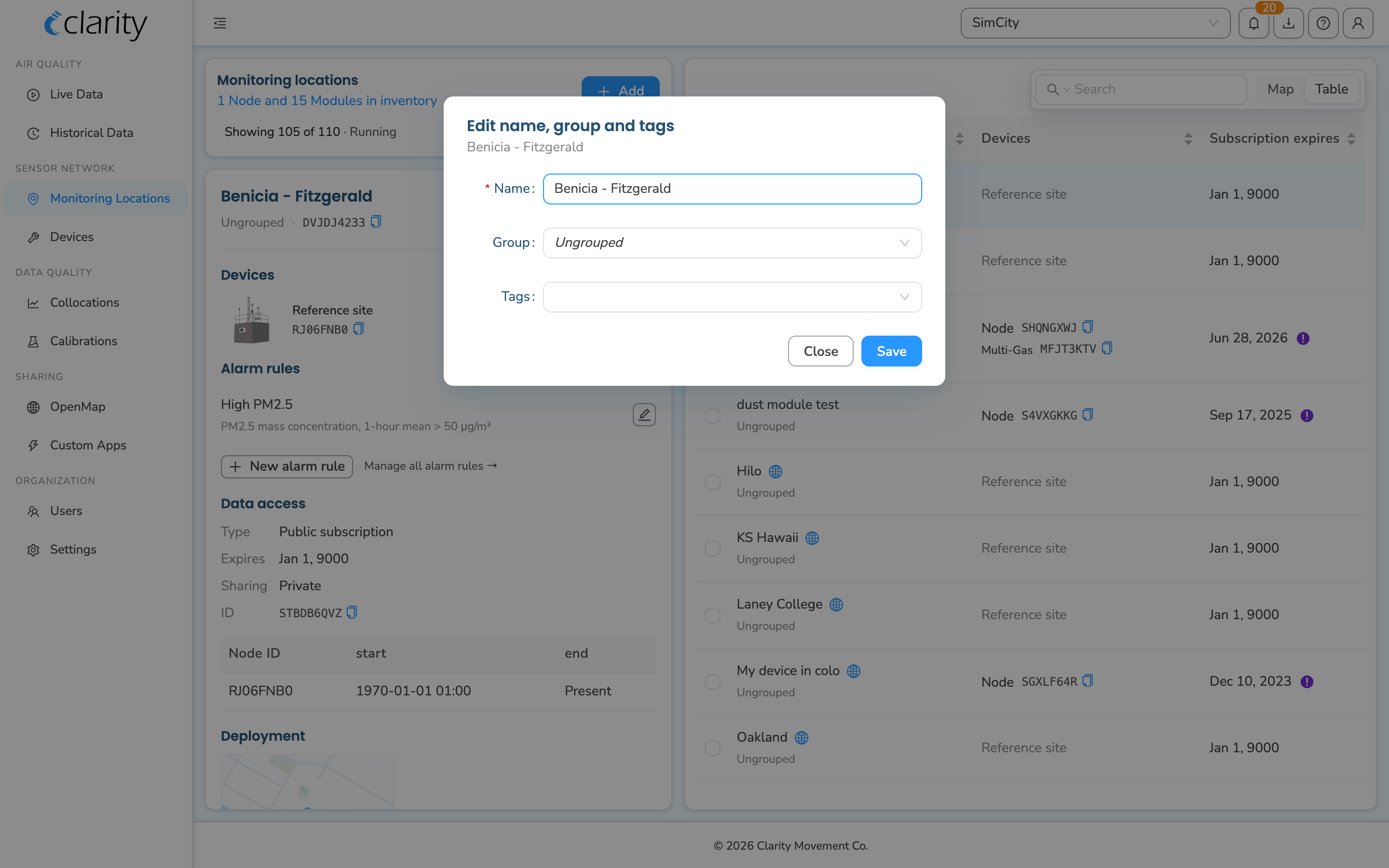 The "Edit name, group and tags" dialog with the Name field, the Group dropdown, and the Tags field