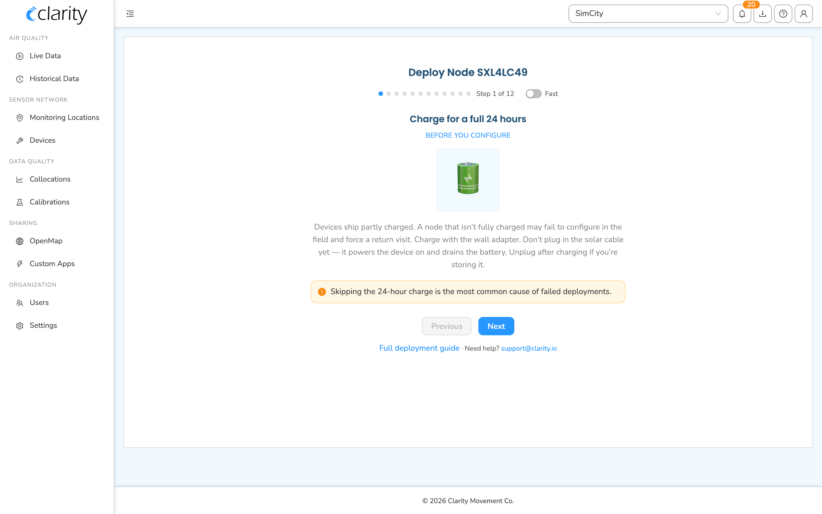 Wizard pre-deployment guide card "Charge for a full 24 hours" with the Fast toggle