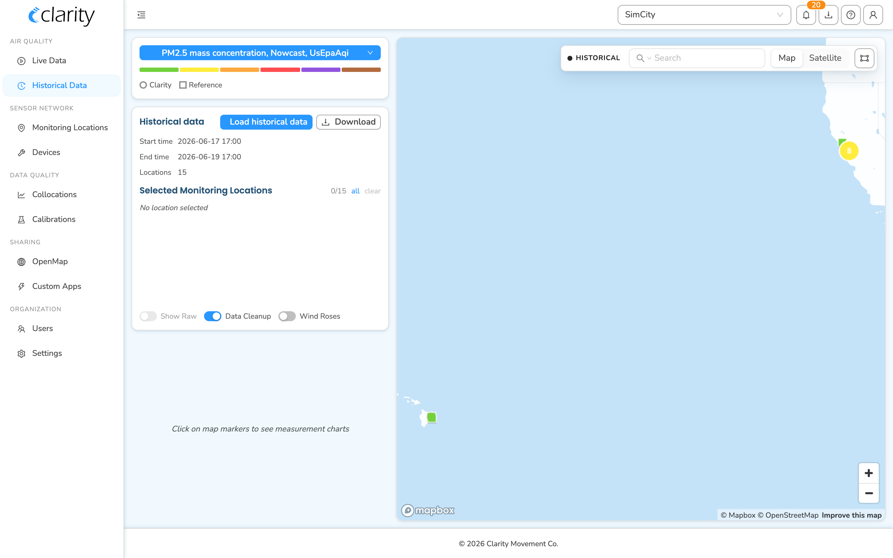 The Historical Data page: the controls panel sets a time range, frequency, and selected monitoring locations, with Load historical data and Download actions next to the map.