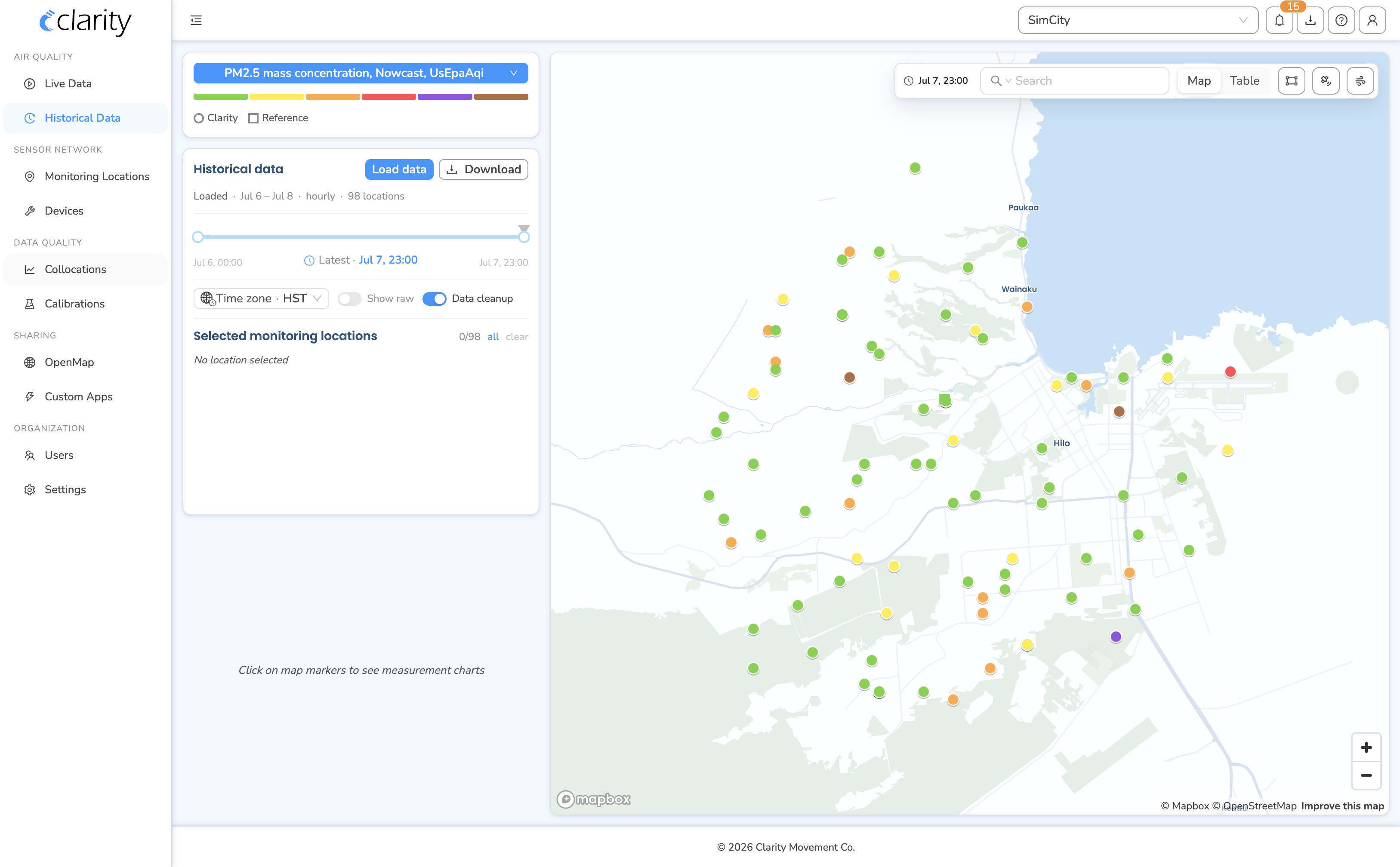 The Historical Data page: metric pill and the Historical data card on the left, the locations map on the right.