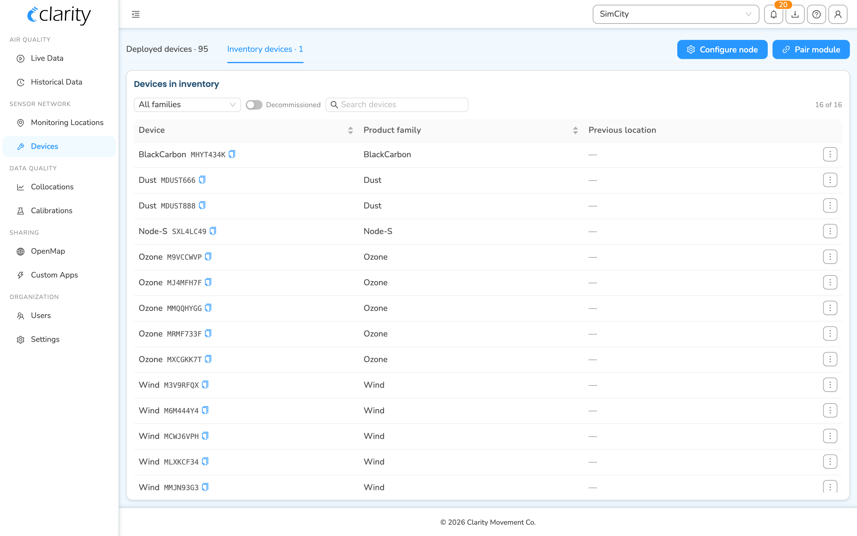 Devices page, Inventory devices tab, with Configure node and Pair module buttons in the header