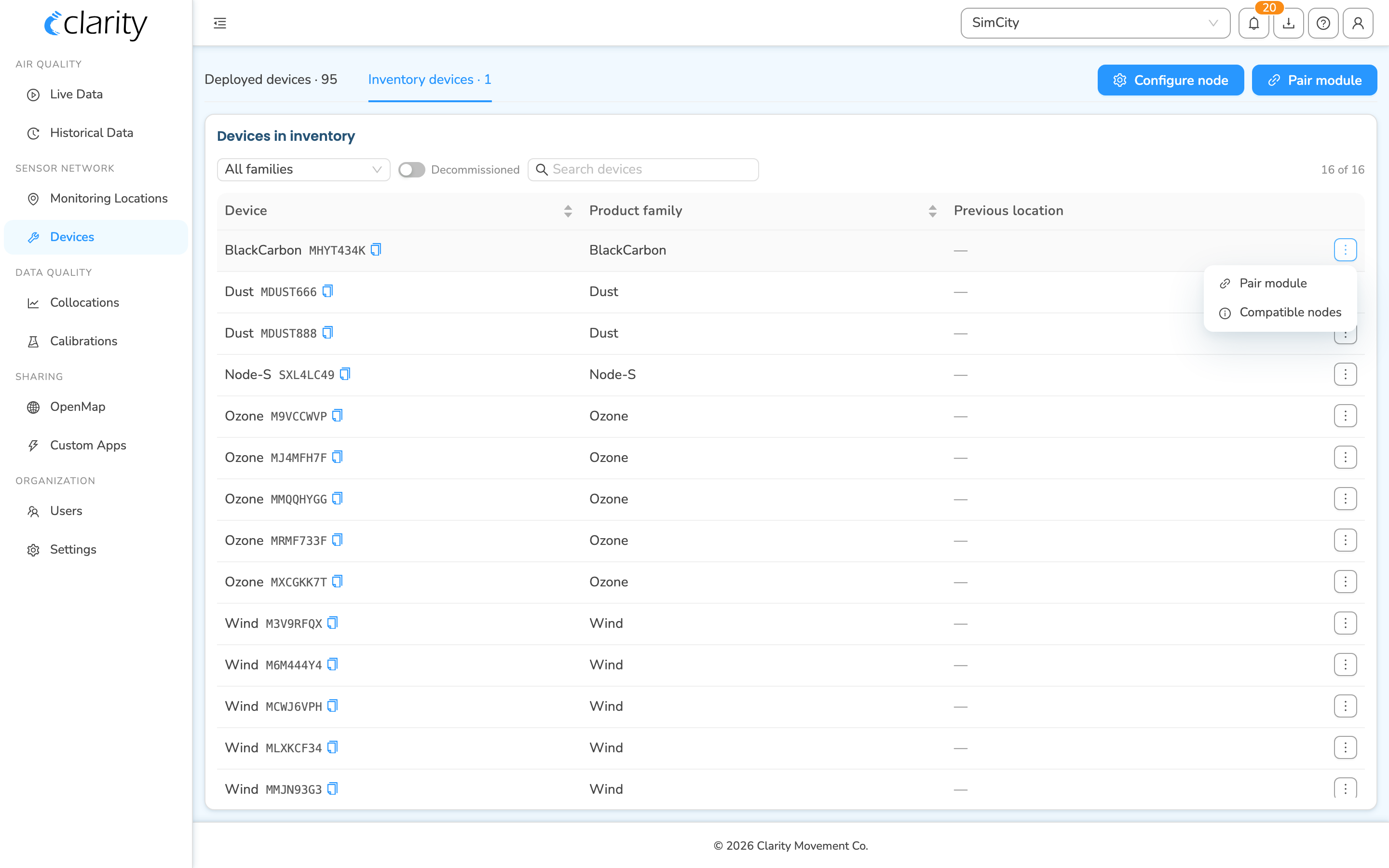 Devices page, Inventory tab, with an inventory row ⋮ menu open (Pair module, Compatible nodes)
