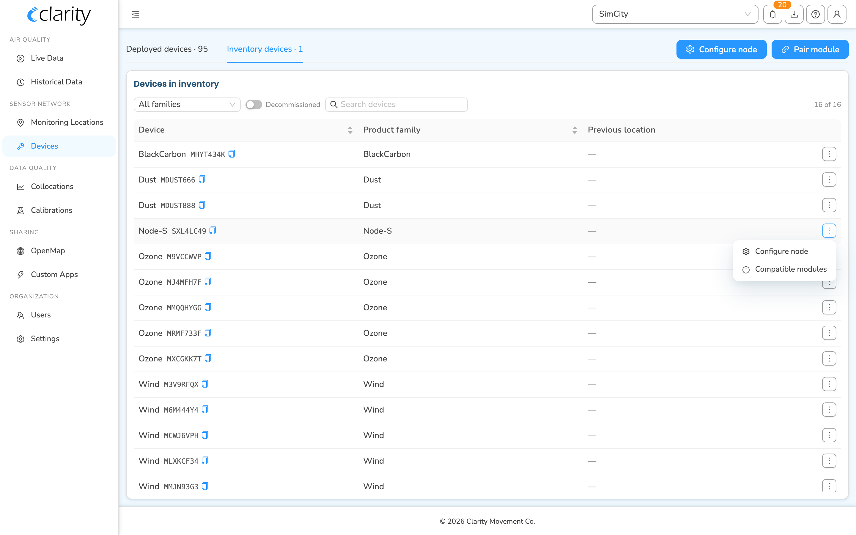 Inventory devices tab with a node row's ⋮ menu open — Configure node and Compatible modules