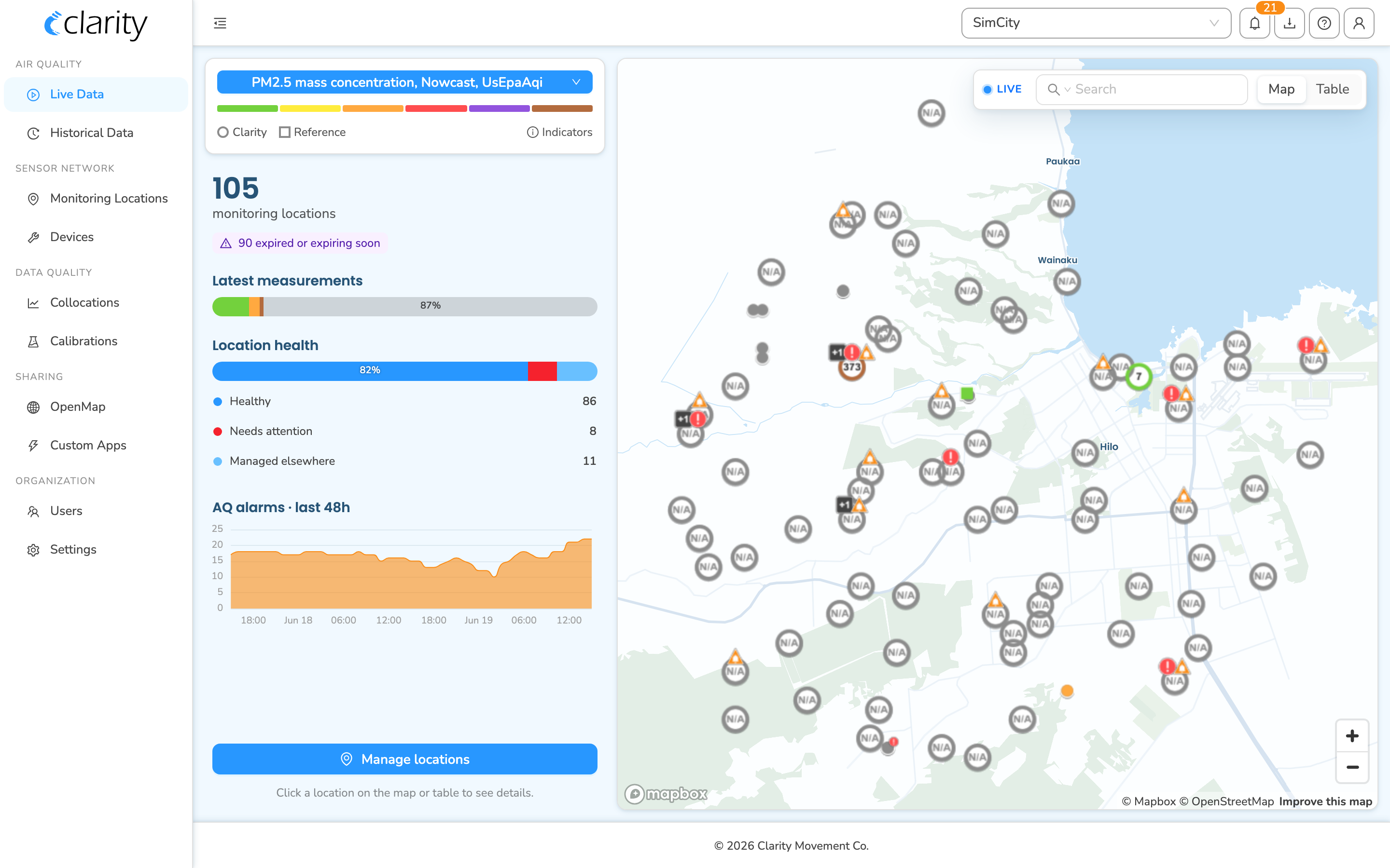The Live Data page is the Dashboard's landing screen: the live device map on the right, a summary panel on the left, and the grouped sidebar.