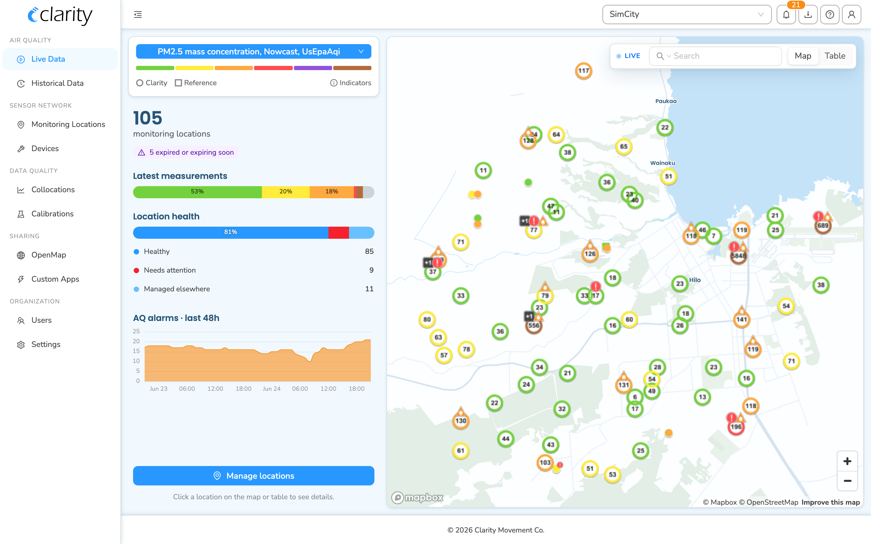 The Live Data page with the latest-measurement map and the monitoring-network summary panel