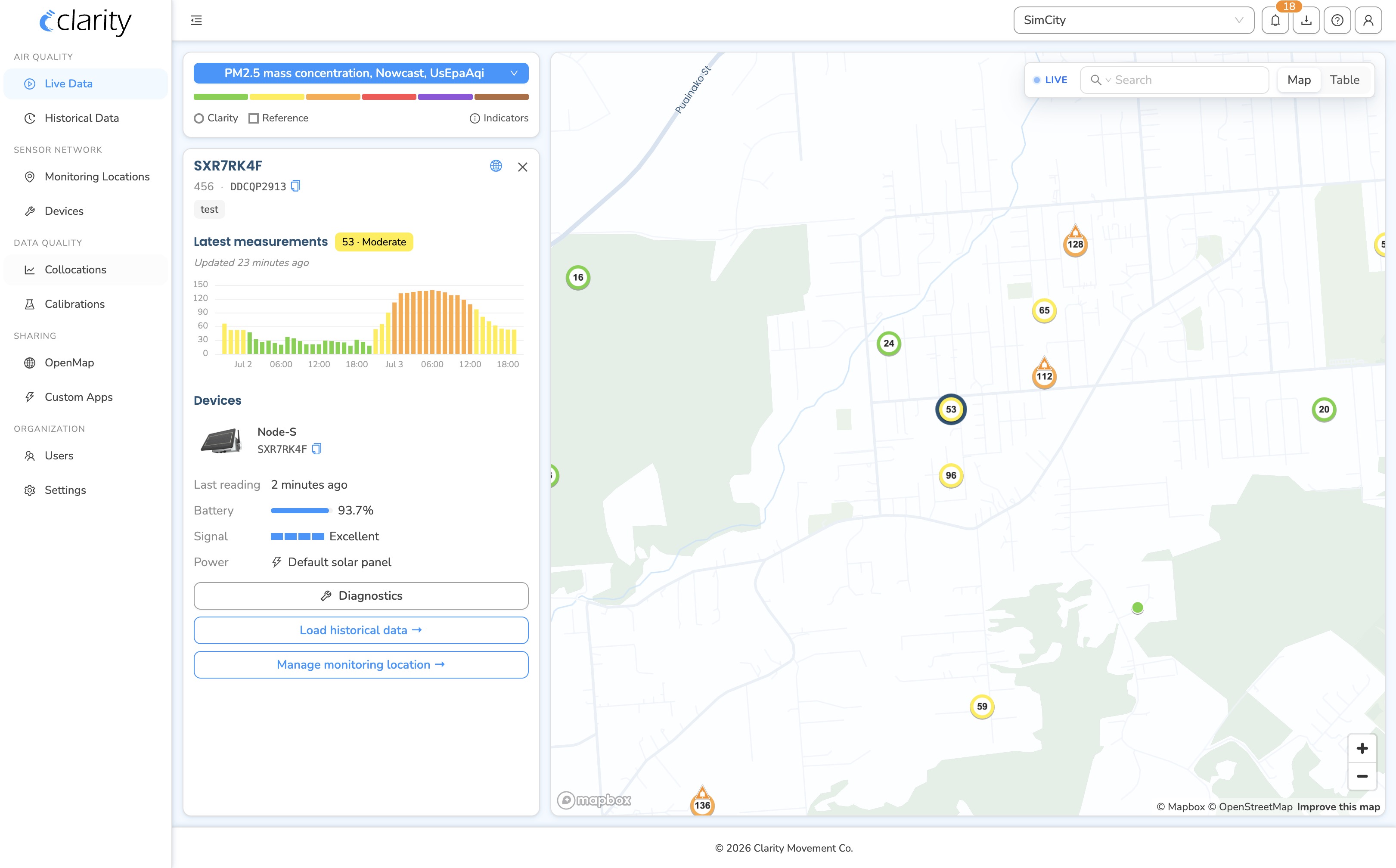 Live Data with a single location selected: the detail sidebar (identity, latest measurement with 48-hour sparkline, and the device block with Diagnostics / Load historical data / Manage monitoring location) beside the map