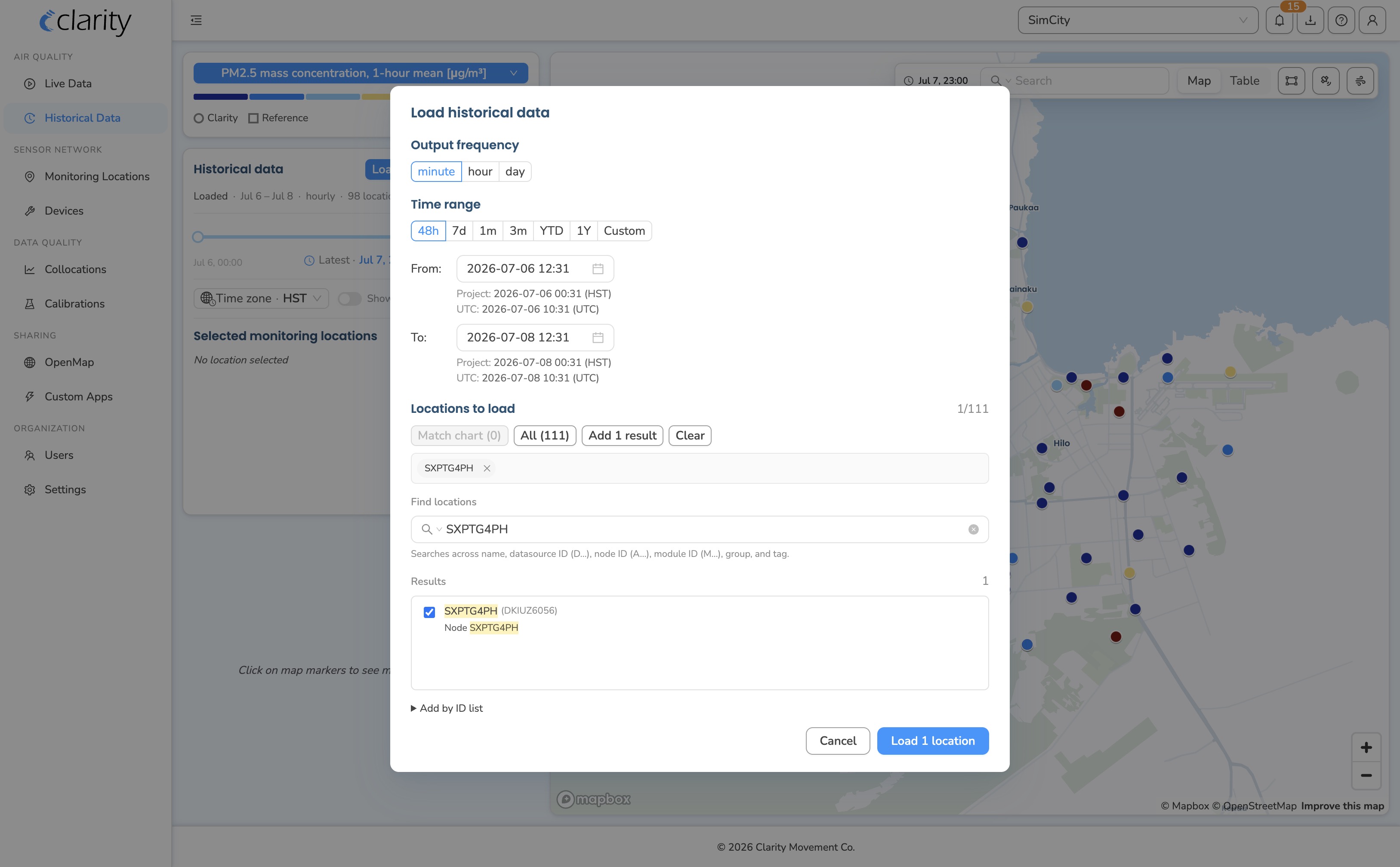 The Load historical data modal: Output frequency minute/hour/day, Time range, and the Locations to load picker.