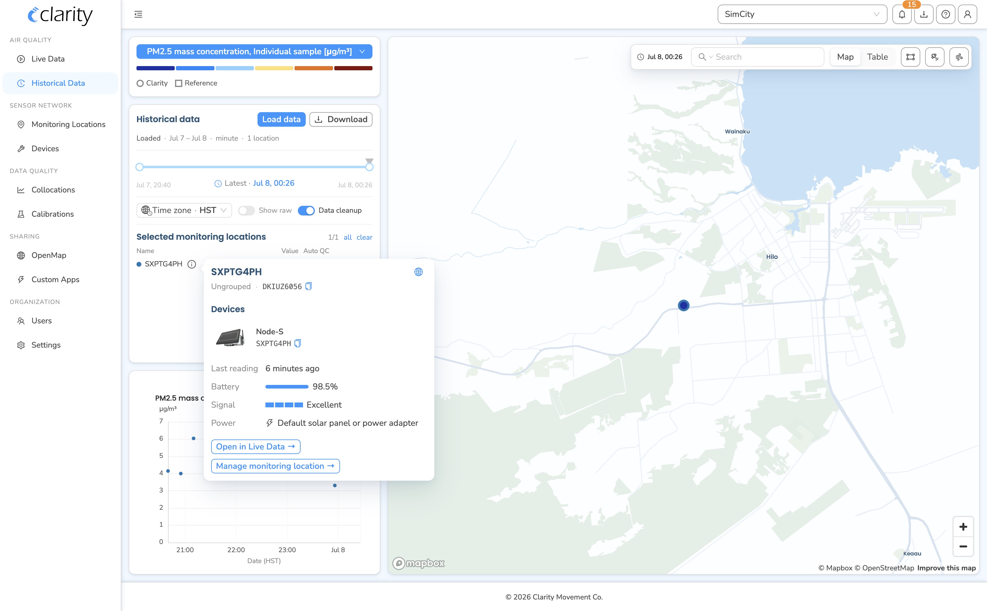 The per-row info popover: location header, the Devices block, and Open in Live Data / Manage monitoring location links.