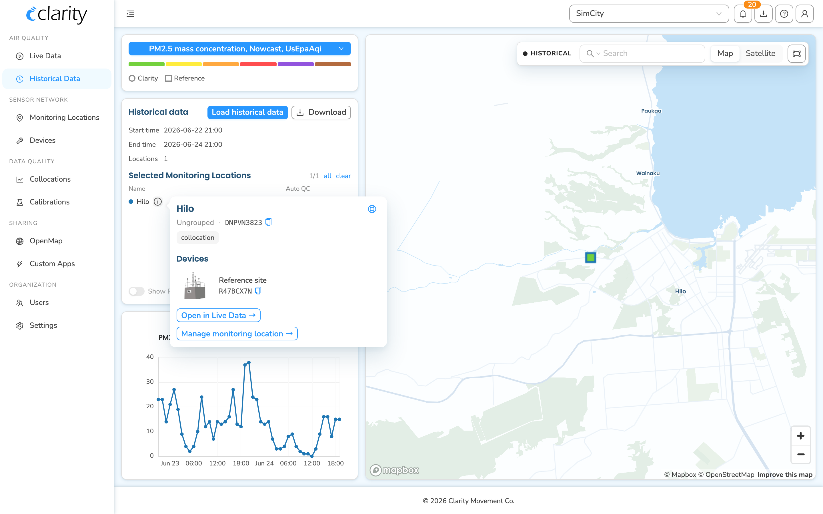 The per-row info popover: location header, the Devices block, and Open in Live Data / Manage monitoring location links.
