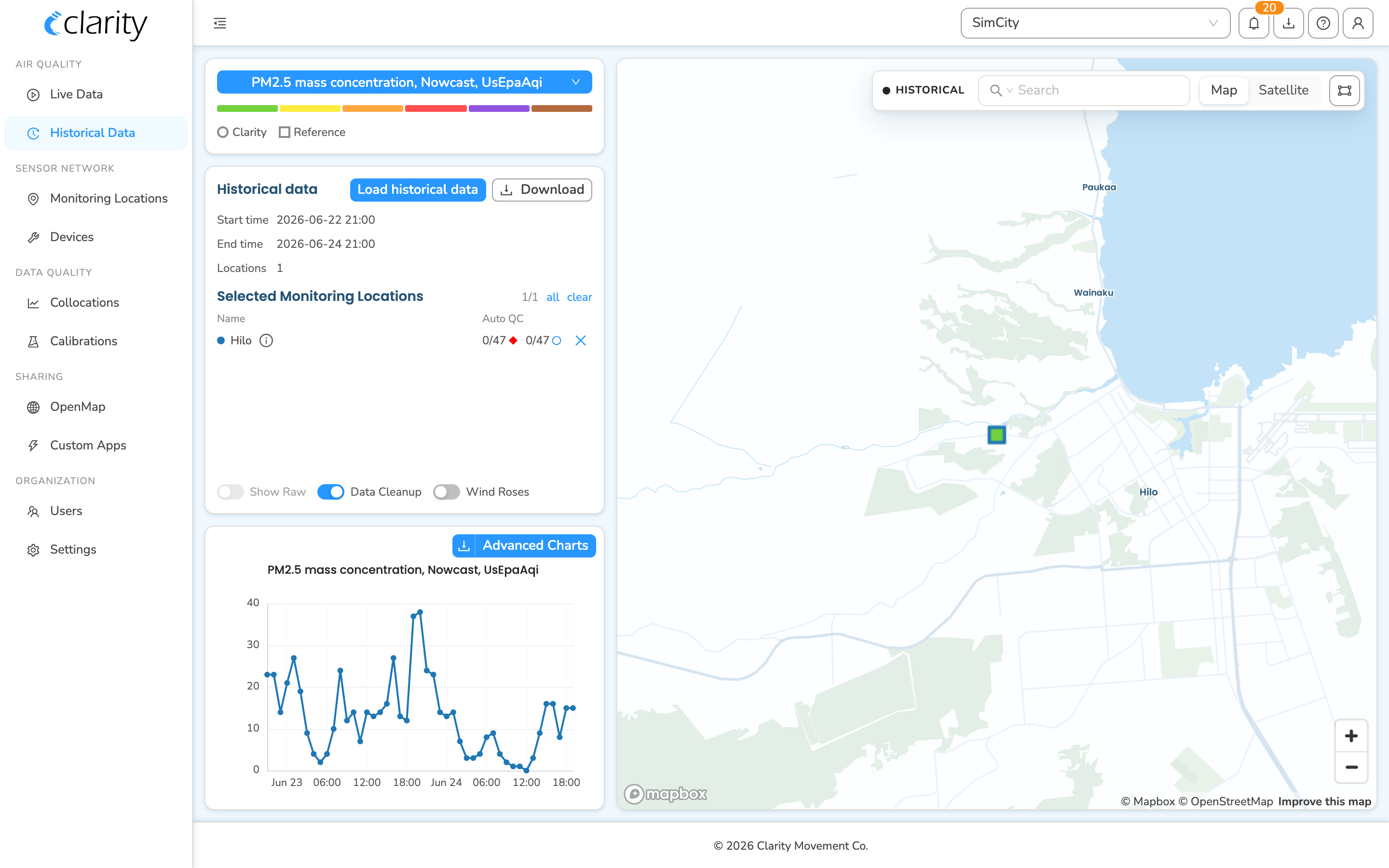 A single location (Hilo) selected with its colored dot and Auto QC counts, and the inline time-series chart below.