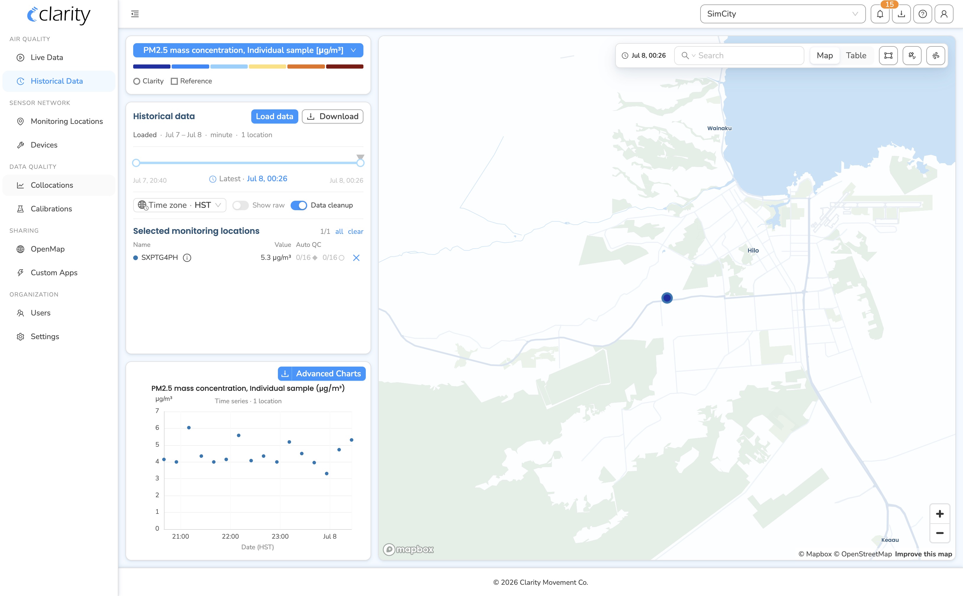 A single location selected with its colored dot and Auto QC counts, and the inline time-series chart below.