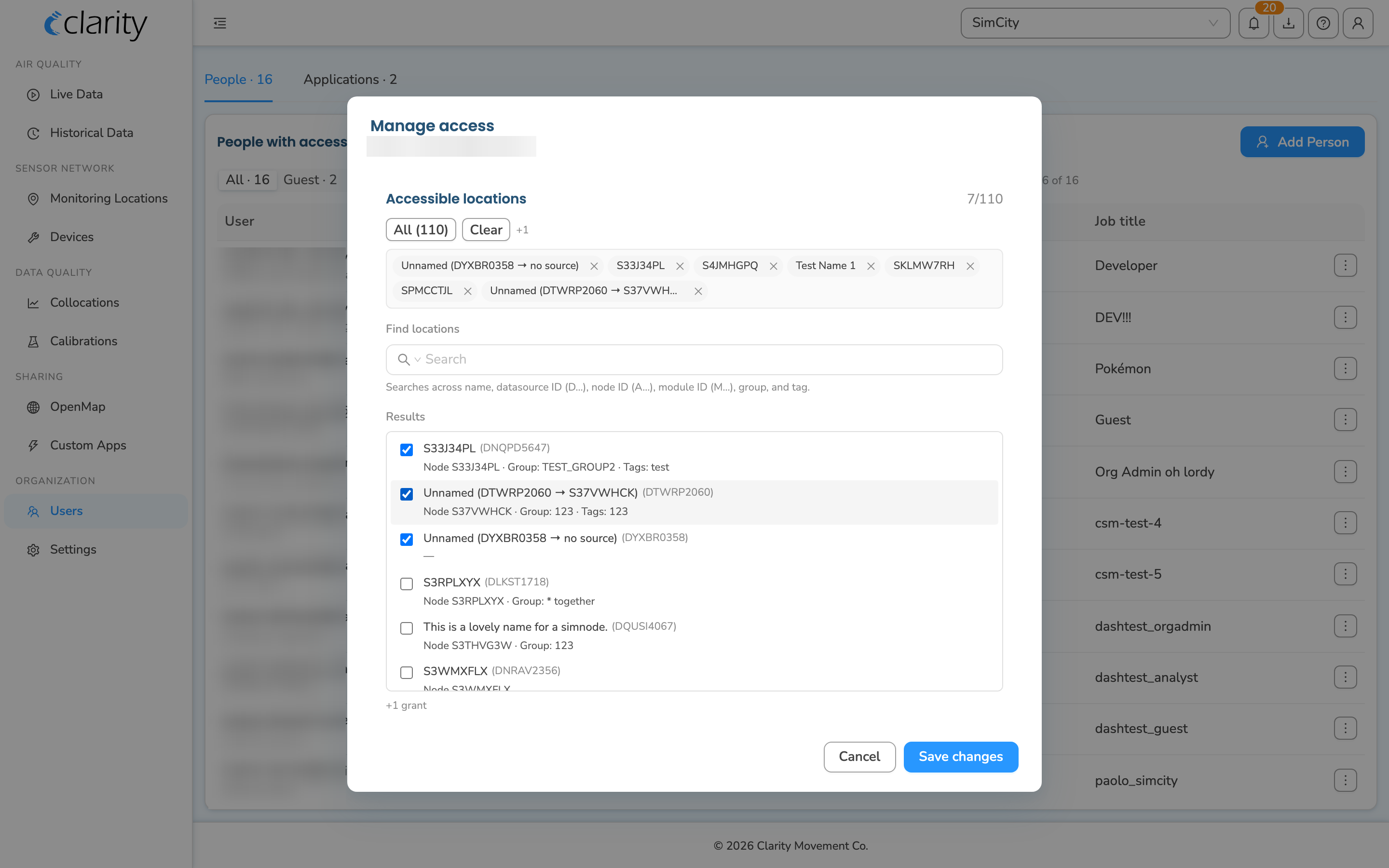 Manage access modal staging a new selection, with the +1 grant hint and Save changes enabled