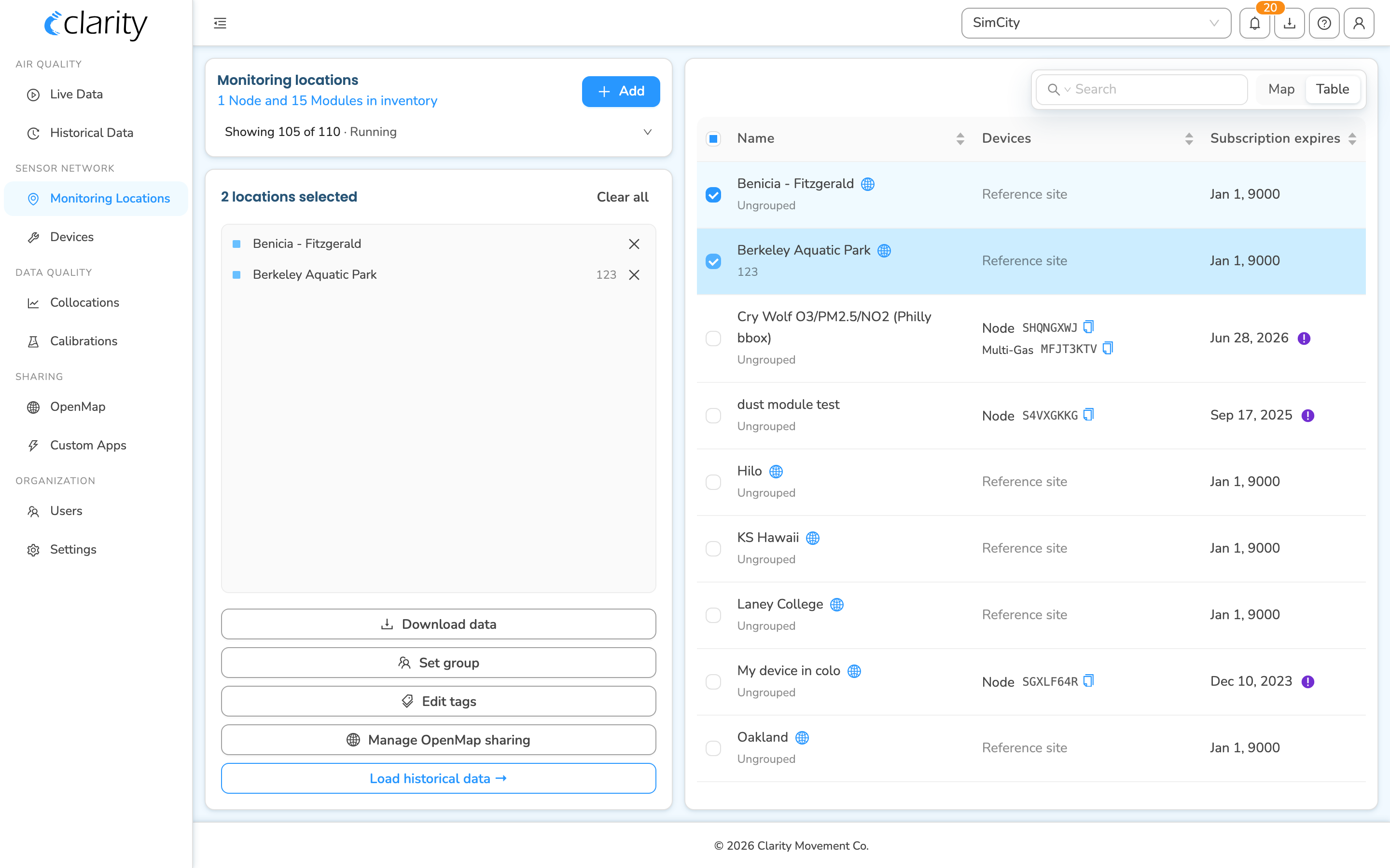 The multi-select panel headed "2 locations selected" with the Set group and Edit tags buttons