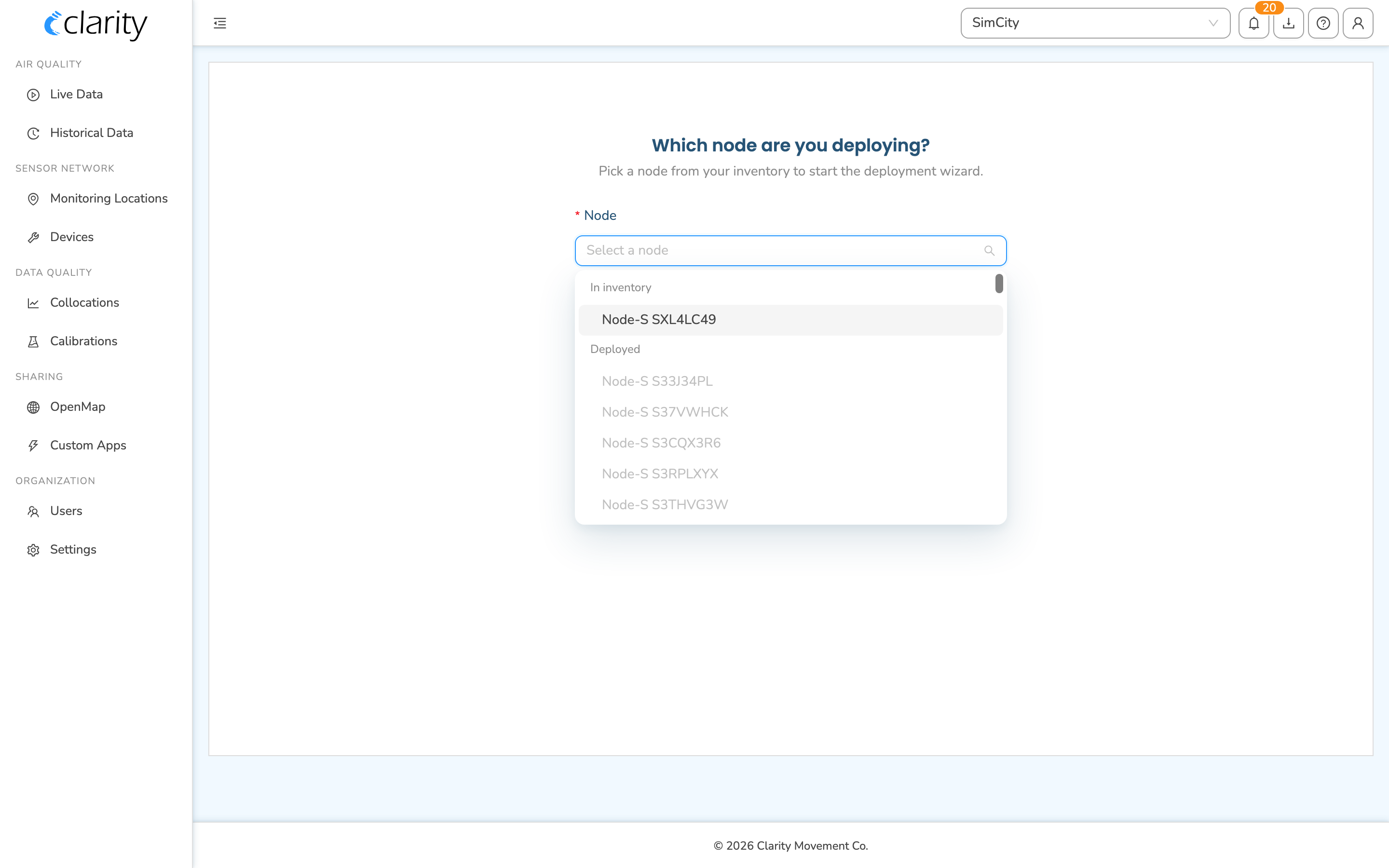 The "Which node are you deploying?" node picker, showing the In inventory group
