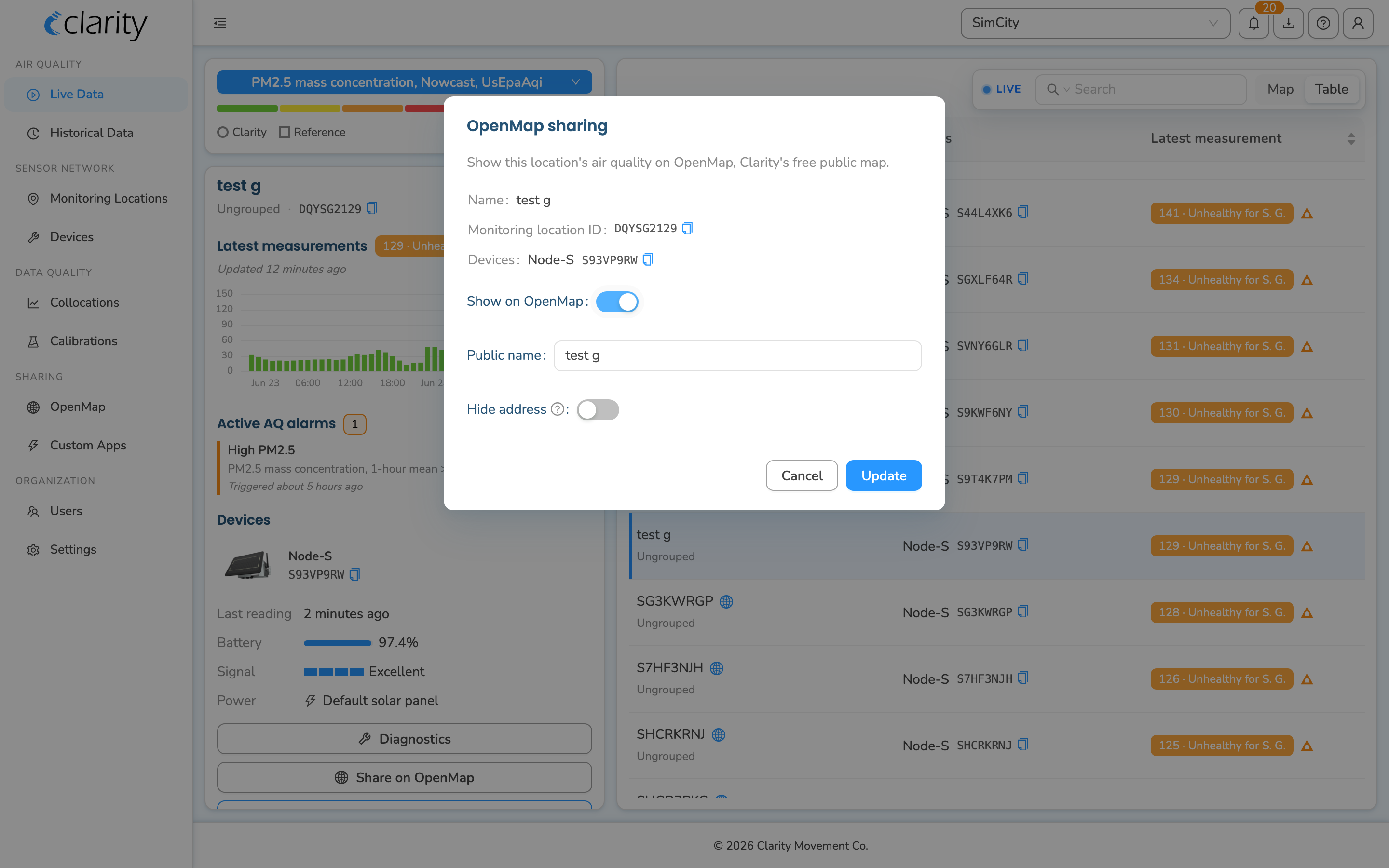 The OpenMap sharing dialog: set a public name, choose whether to hide the address, and toggle Show on OpenMap to publish the location.
