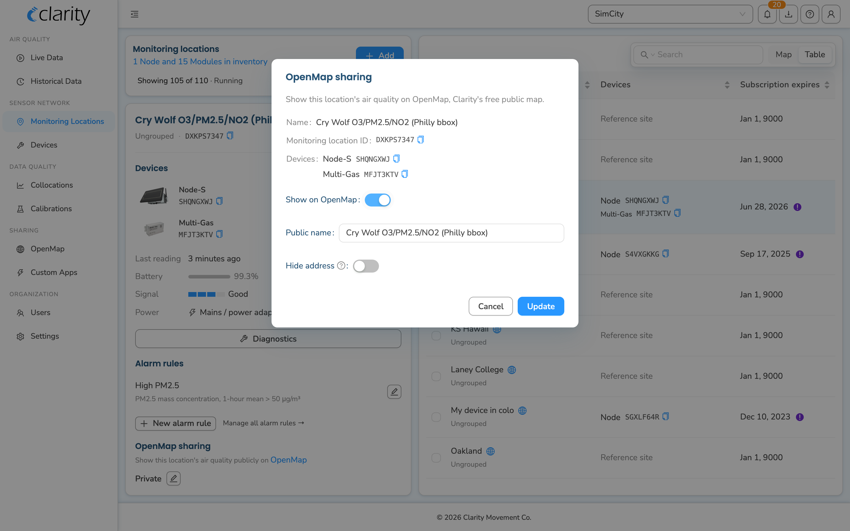 Single-location OpenMap sharing dialog with the "Show on OpenMap" toggle on, Public name filled in, Hide address toggle, and Cancel/Update buttons