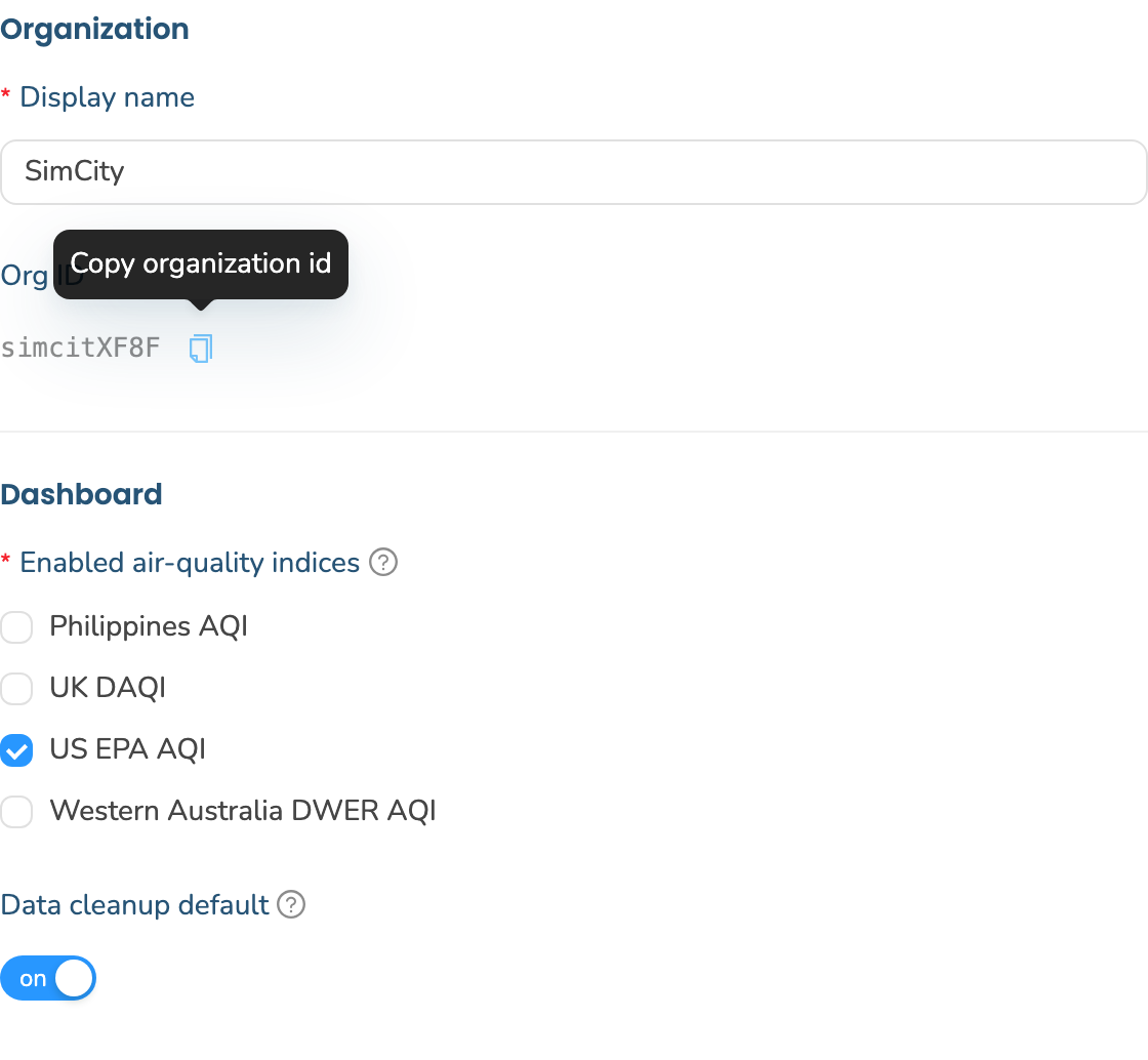 Close-up of the Org ID readout and copy icon with the "Copy organization id" tooltip