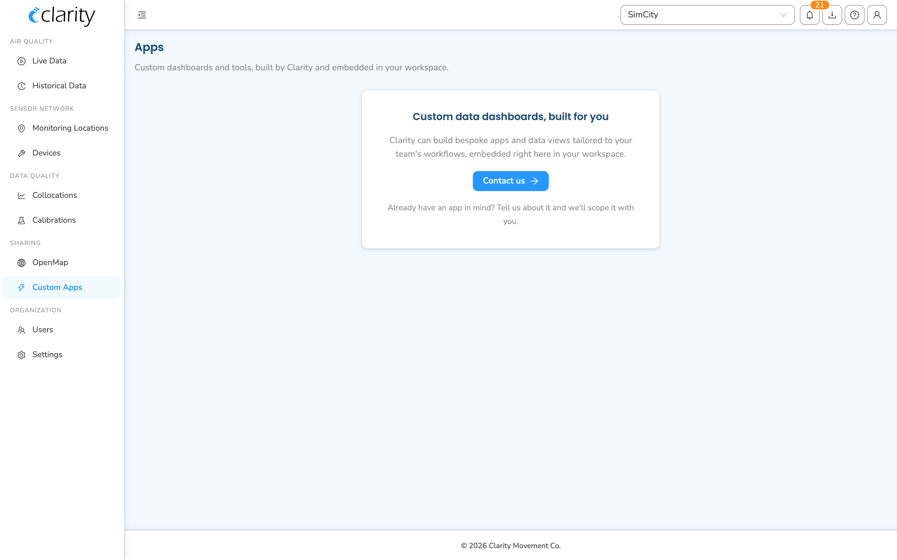 The Custom Apps page, showing the custom-dashboard upsell for an organization that has no apps yet