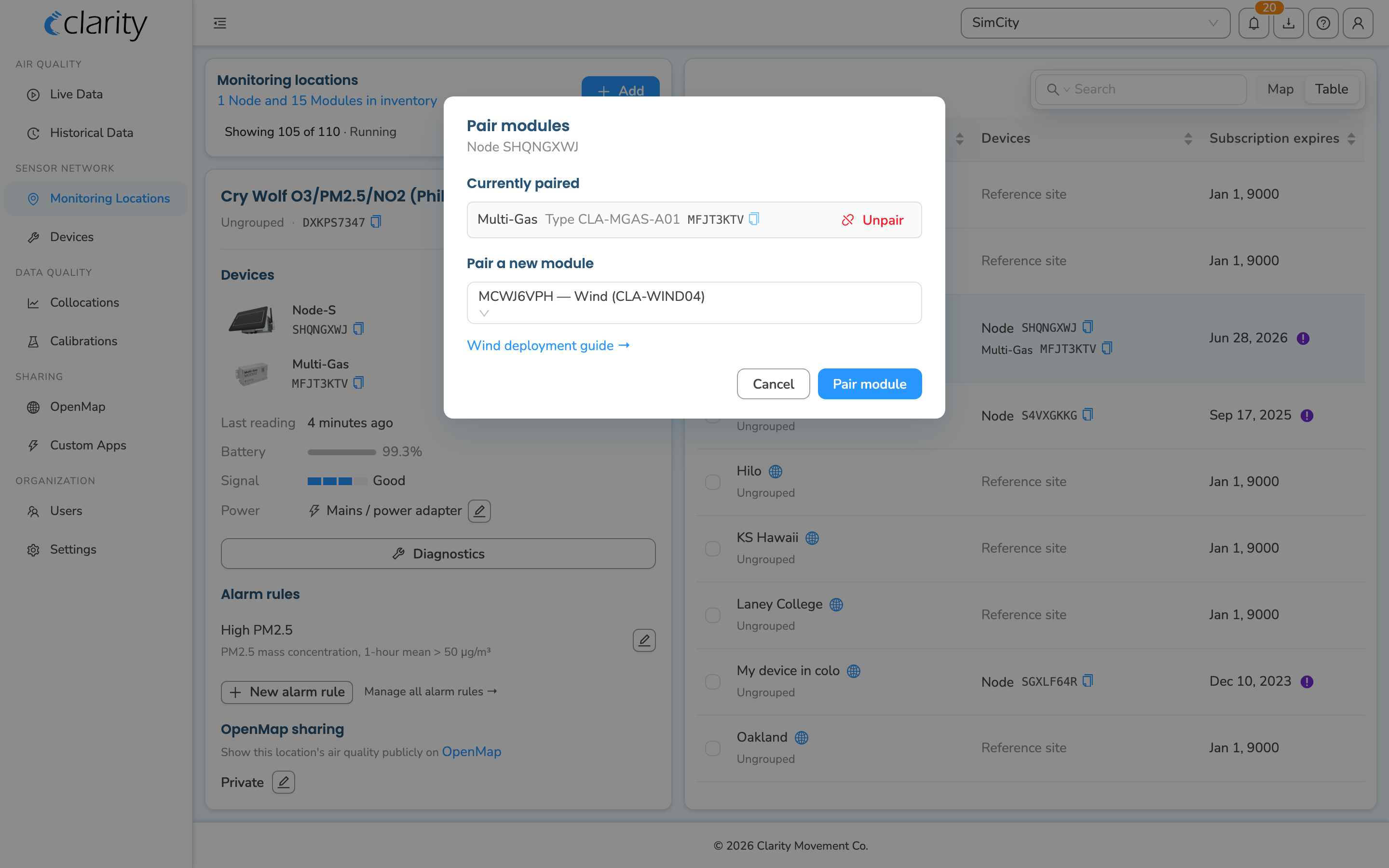 Pair modules dialog with a Currently paired module and a red Unpair button