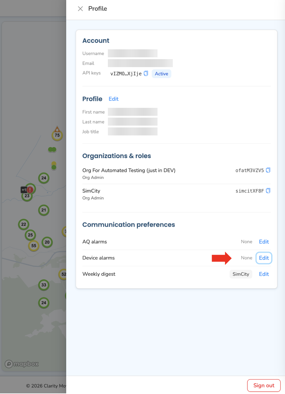 The Profile drawer scrolled to Communication preferences — AQ alarms, Device alarms (with its Edit link highlighted), and Weekly digest