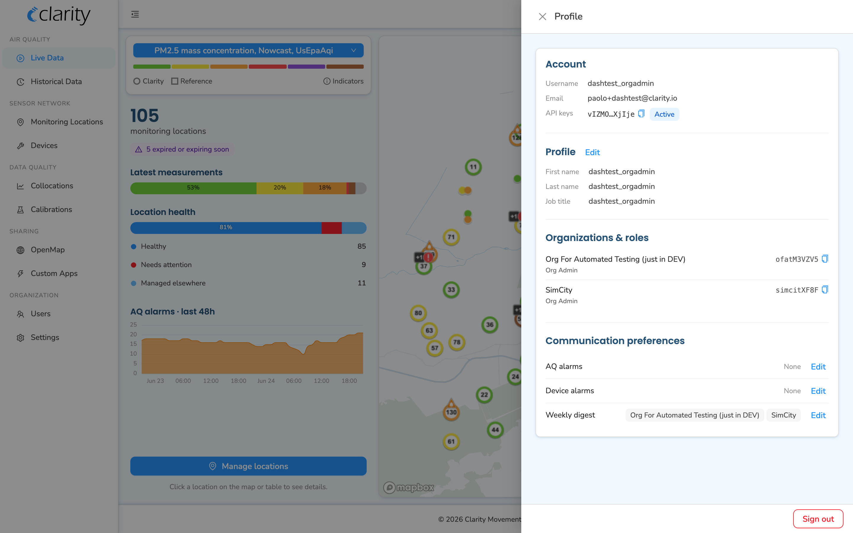 Profile panel open on the right, with the Account section at top showing Username, Email, and a masked API key tagged Active