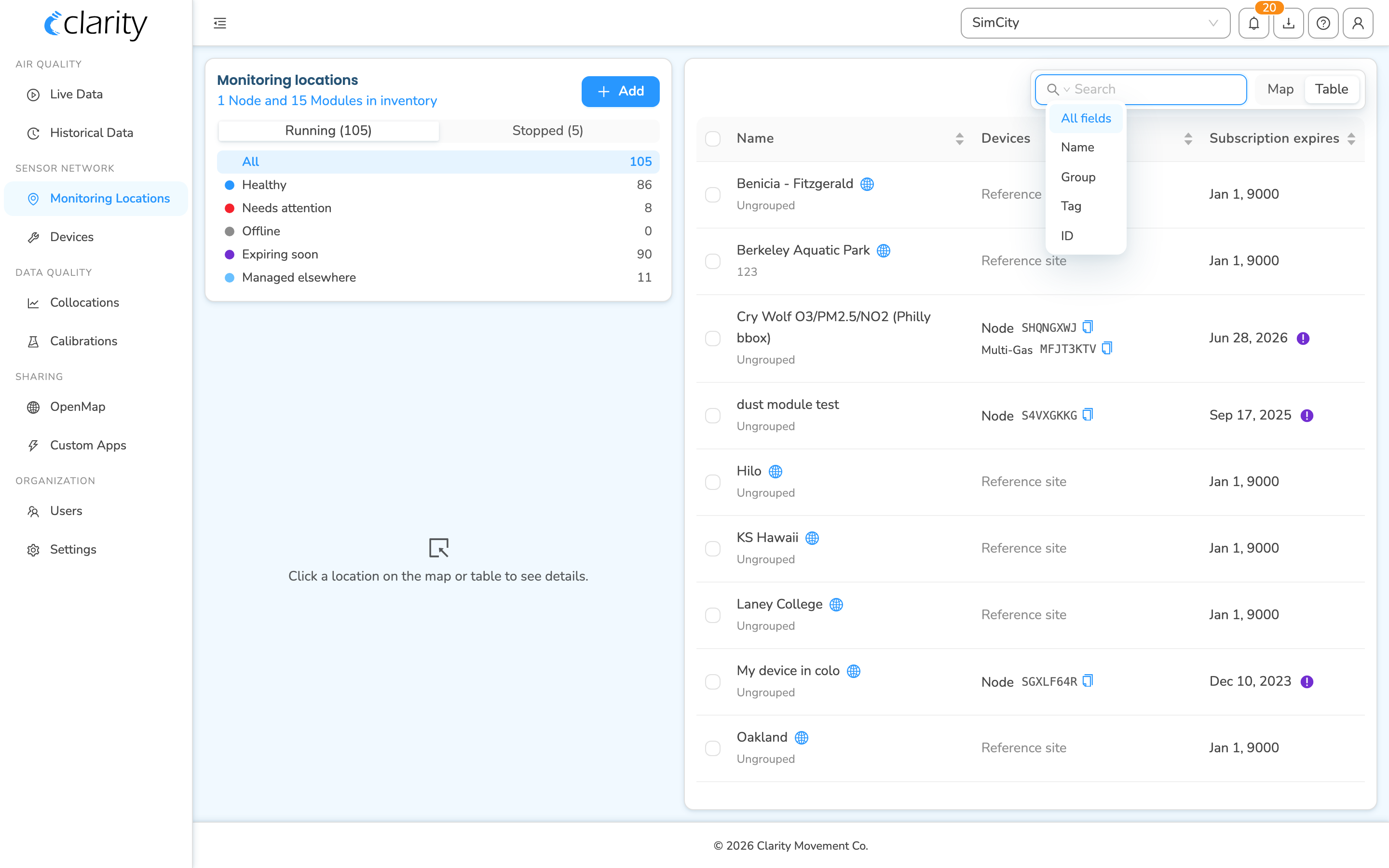 The search box with the field-scope picker open: All fields, Name, Group, Tag, ID
