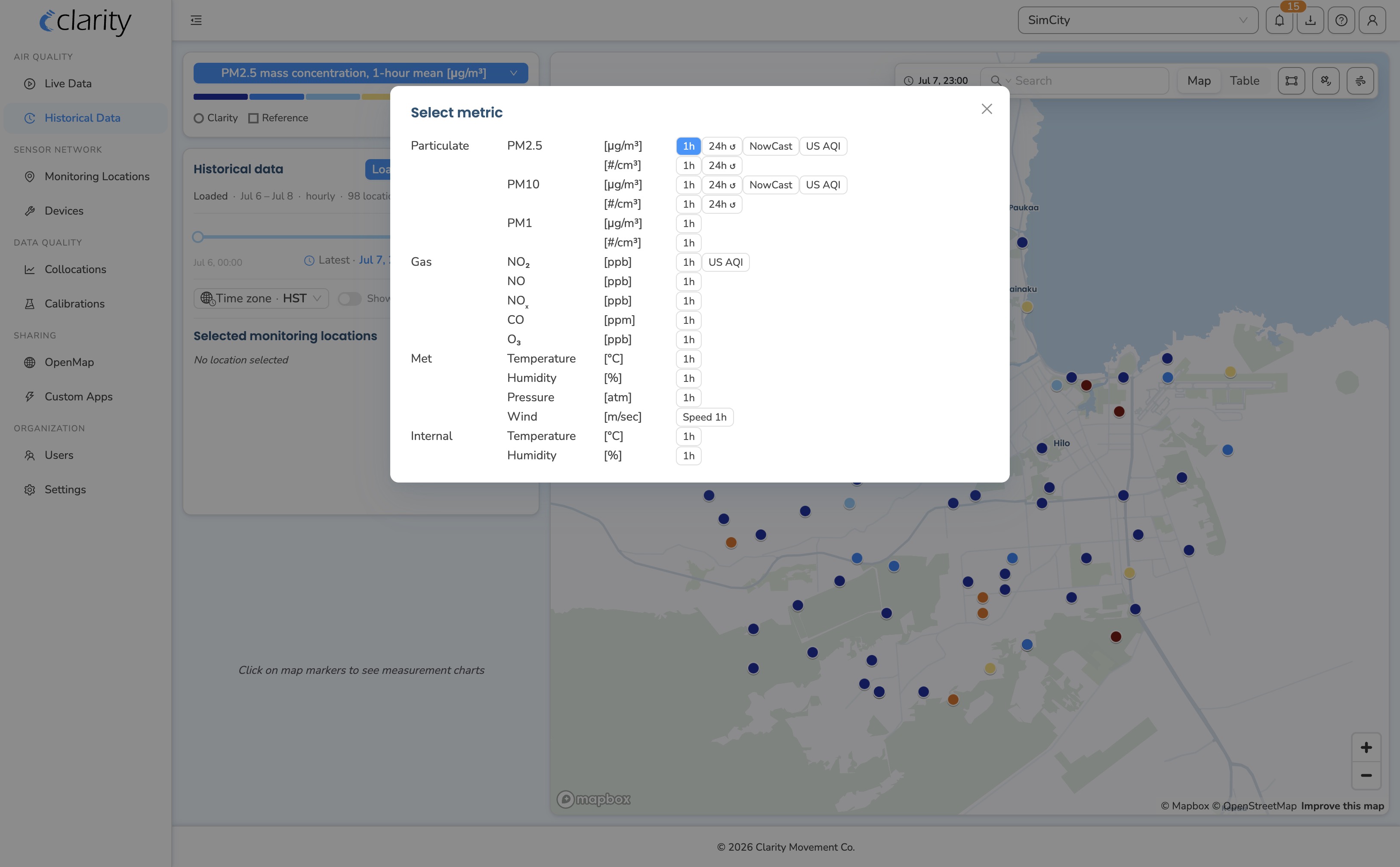 The Select metric modal open from the metric pill, with the PM2.5 row and its concentration/AQI options.