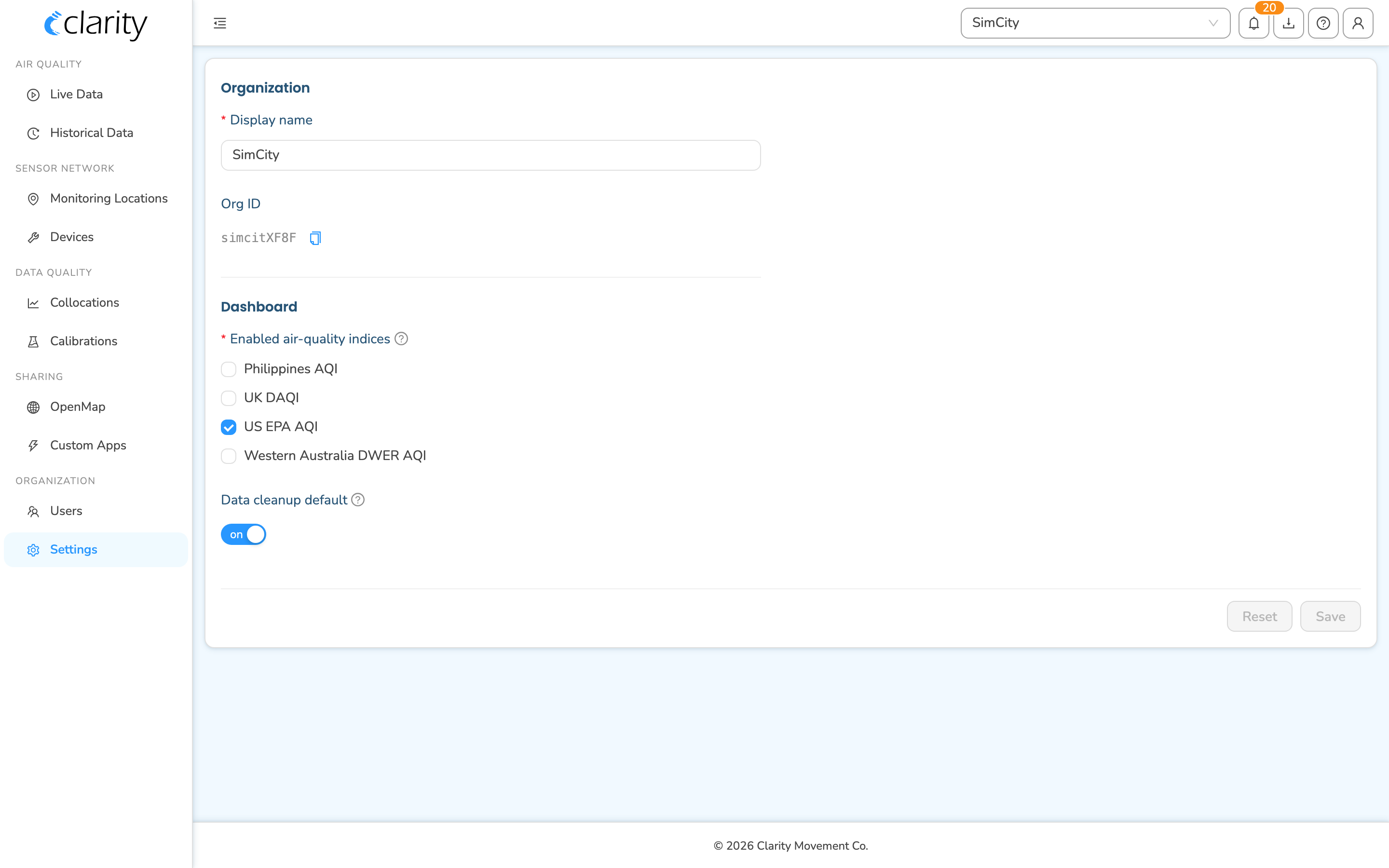 Settings page at /settings: the Organization subsection shows Display name and the read-only Org ID with its copy button