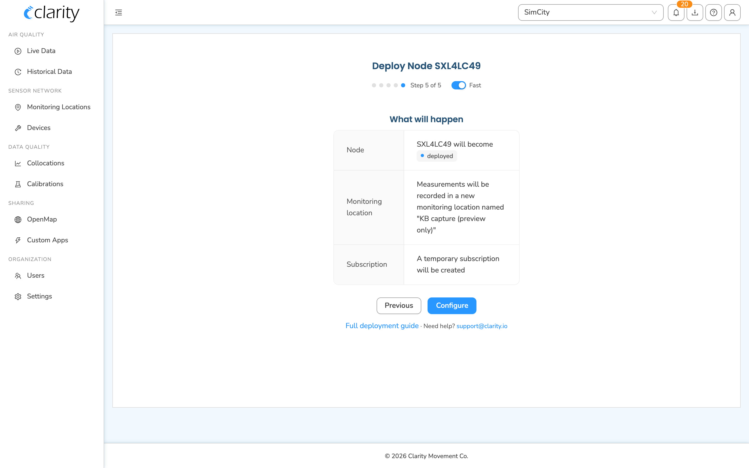 Wizard "What will happen" review step with Node, Monitoring location, and Subscription rows and the Configure button