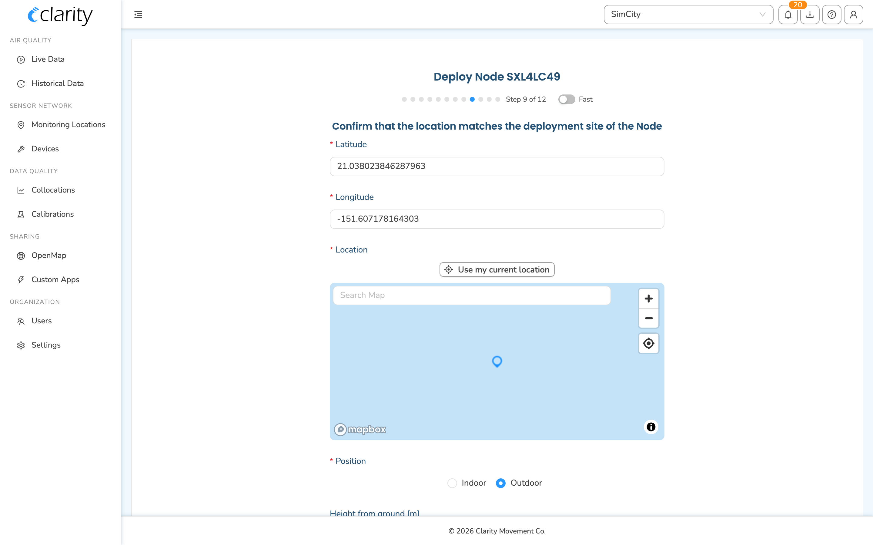 Deploy Node wizard, Step 2 — confirm the deployment site with lat/lon, map pin, and Indoor/Outdoor position
