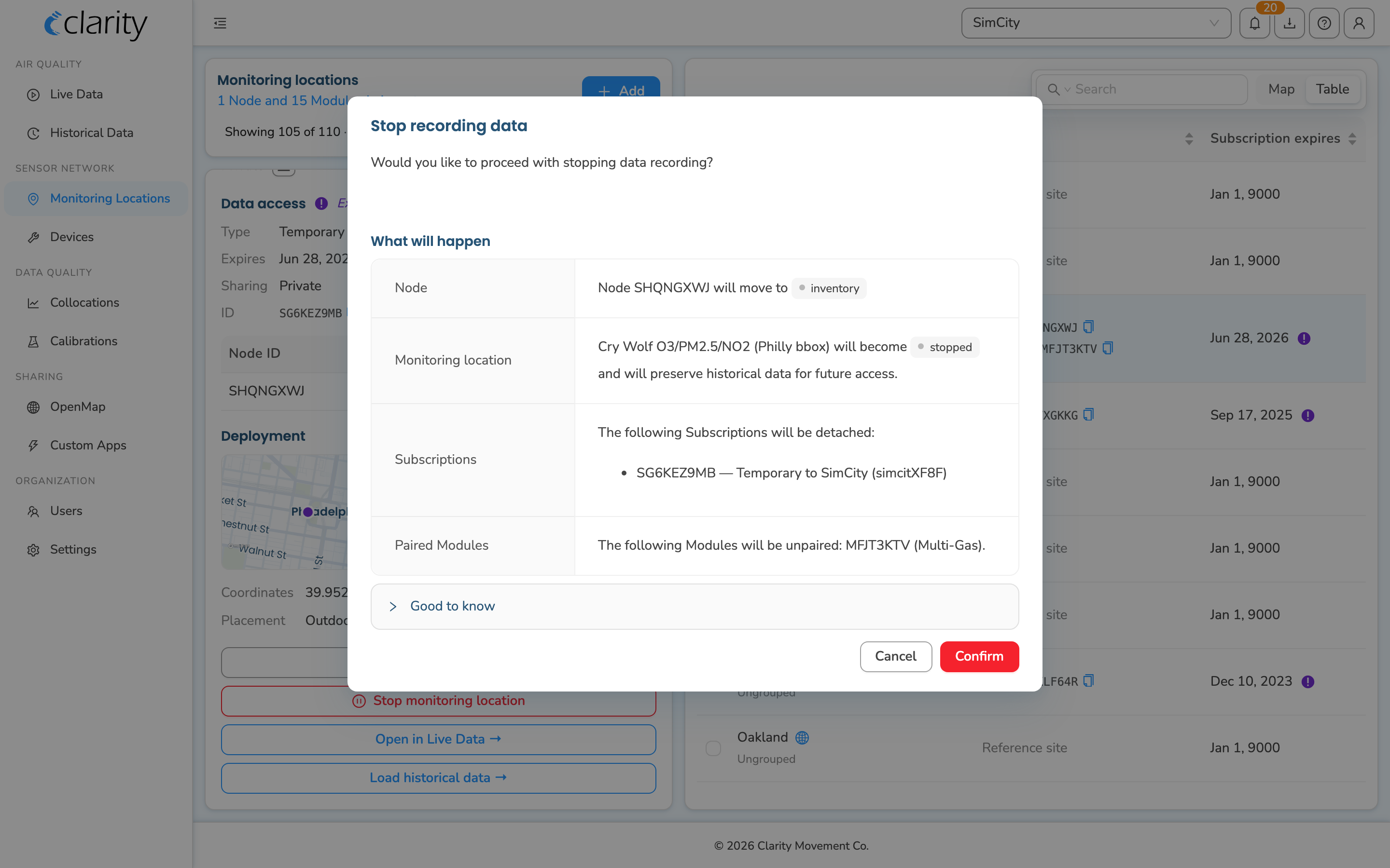 The "Stop recording data" modal — What-will-happen preview (node to inventory, location stopped, subscriptions detached, modules unpaired) with the Good-to-know expander